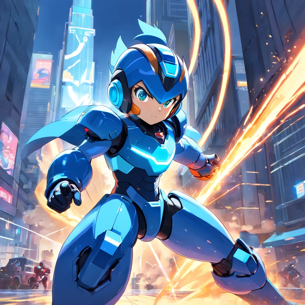 Megaman, masculine,(best quality,4k,8k,highres,masterpiece:1.2),ultra-detailed,energetic,heroic,strong pose,cybernetic suit,[blue armor],futuristic cityscape,high-tech weaponry,bright colors,sci-fi,action-packed,[powerful buster cannon],[distinctive helmet],intense battle,[laser beams],[fluid animation],dynamic movement,explosions,adrenaline rush,classic video game style