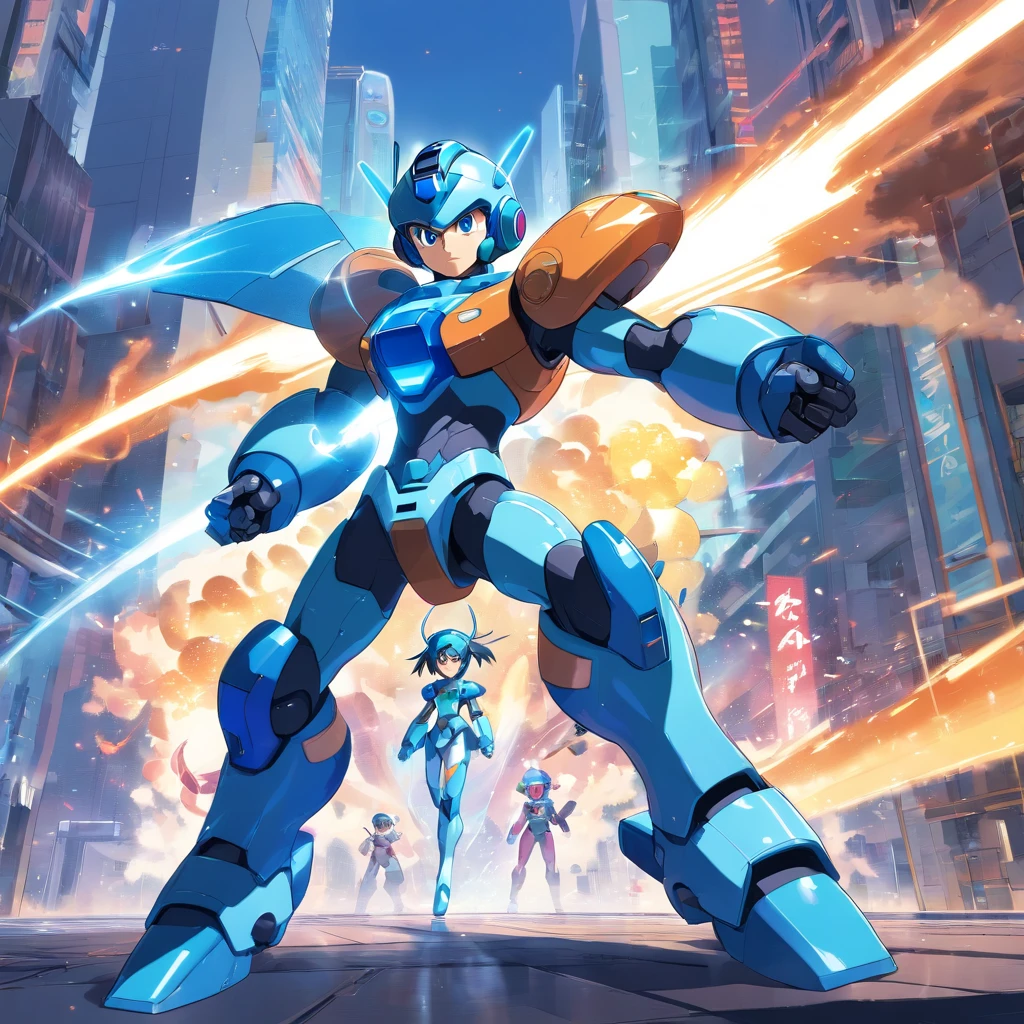 Megaman, masculine,(best quality,4k,8k,highres,masterpiece:1.2),ultra-detailed,energetic,heroic,strong pose,cybernetic suit,[blue armor],futuristic cityscape,high-tech weaponry,bright colors,sci-fi,action-packed,[powerful buster cannon],[distinctive helmet],intense battle,[laser beams],[fluid animation],dynamic movement,explosions,adrenaline rush,classic video game style