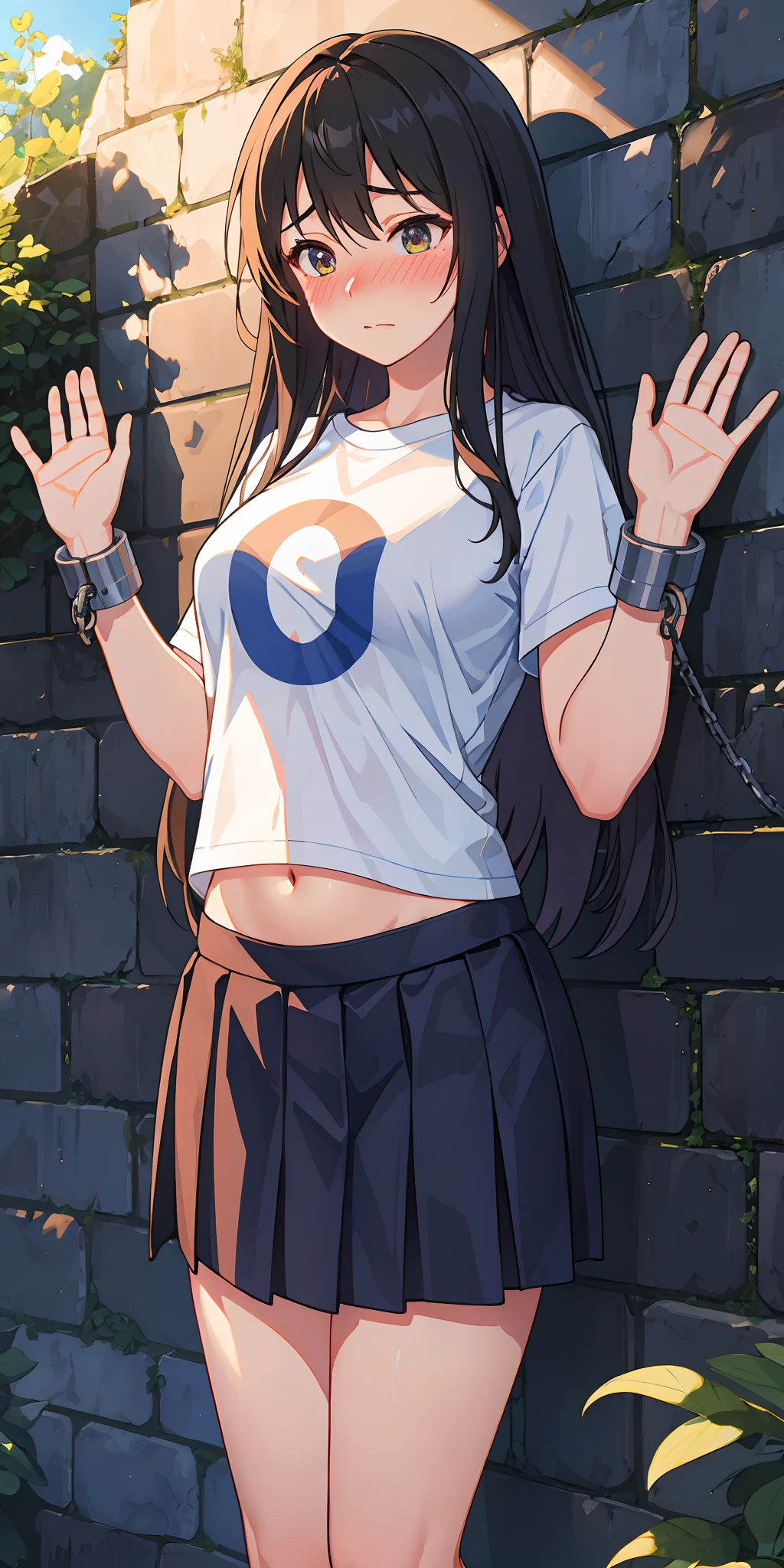 Realistic, outdoor, 1wall, wide angle,1girl, long hair, shy, embarrassed, blushed, wide angle, POV, from above, standing, casual clothes, hands up, hand cuffs, hands chained on wall, leaning on wall, t-shirt, skirt, navel, light rays, glow, (masterpiece), wallpaper