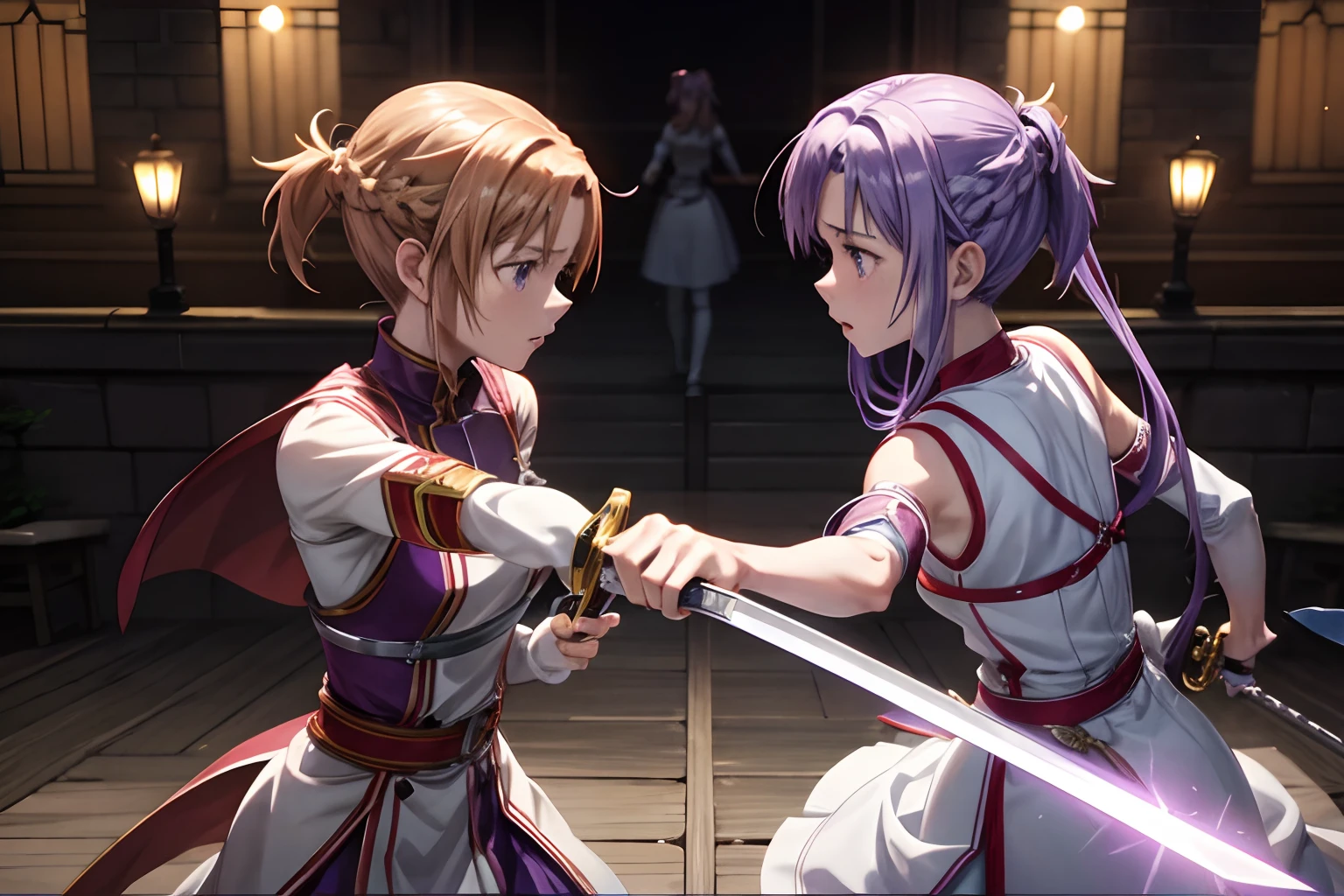 Two anime characters fighting with swords,best pictures,Yuuki Asuna , super precision, The sword、[3D images:1.35]、[[In high-quality anime、Cute Asuna with brown hair and brown eyes:1.15]]、Facing、(\Alice fell into the darkness with purple hair and purple eyes\),[[Attractive eyes,A detailed eye、radiant eyes, Colorful eyes:1.15]、fight pose, heroically battle posing, anime fight, Styling images, Complex sword fighting poses, facing off in a duel, duel, Sword fighting,[[Alice confronts Asuna with her sword:1.20]],　Two whole、zoom out angle