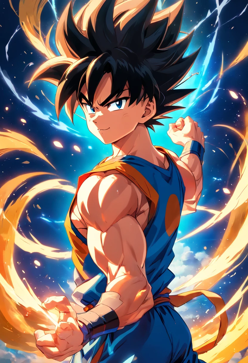 Goku vestindo um terno preto, macho, Dragon ball z, party hall, illustration, ultra-detalhado, Realistic:1.37, cores vibrantes, dynamic lighting, Retratos, estilo anime, glossy, sombras escuras, postura confiante, olhar intenso, aura de energia colorida, extravagant decorations, gravata estilosa, cabelo arrumado, muscular physique, Dragon Ball logo, emblema saiyajin, fundo elegante, foco nítido, high-resolution masterpiece:1.2