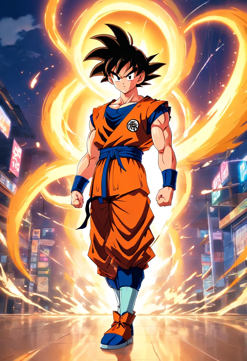 Goku vestindo um terno preto, macho, Dragon ball z, party hall, illustration, ultra-detalhado, Realistic:1.37, cores vibrantes, dynamic lighting, Retratos, estilo anime, glossy, sombras escuras, postura confiante, olhar intenso, aura de energia colorida, extravagant decorations, gravata estilosa, cabelo arrumado, muscular physique, Dragon Ball logo, emblema saiyajin, fundo elegante, foco nítido, high-resolution masterpiece:1.2
