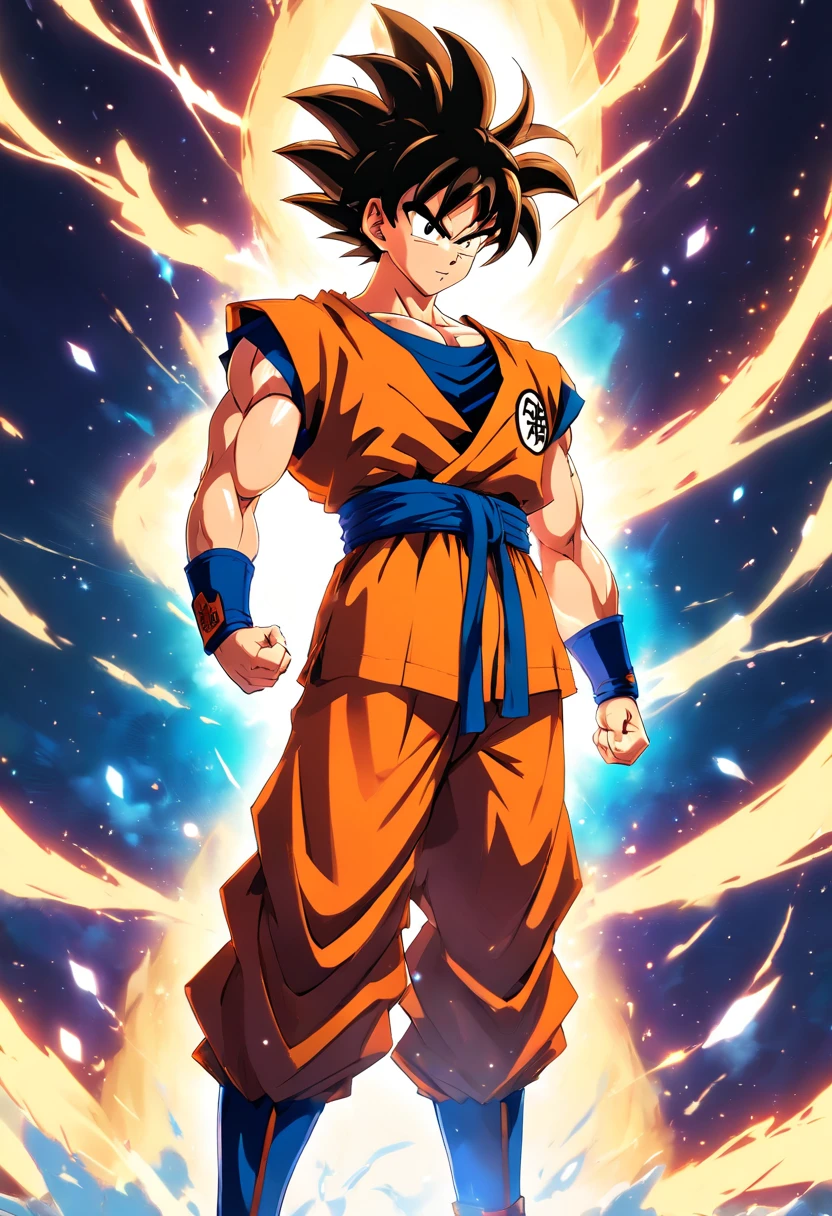 Goku vestindo um terno preto, macho, Dragon ball z, party hall, illustration, ultra-detalhado, Realistic:1.37, cores vibrantes, dynamic lighting, Retratos, estilo anime, glossy, sombras escuras, postura confiante, olhar intenso, aura de energia colorida, extravagant decorations, gravata estilosa, cabelo arrumado, muscular physique, Dragon Ball logo, emblema saiyajin, fundo elegante, foco nítido, high-resolution masterpiece:1.2