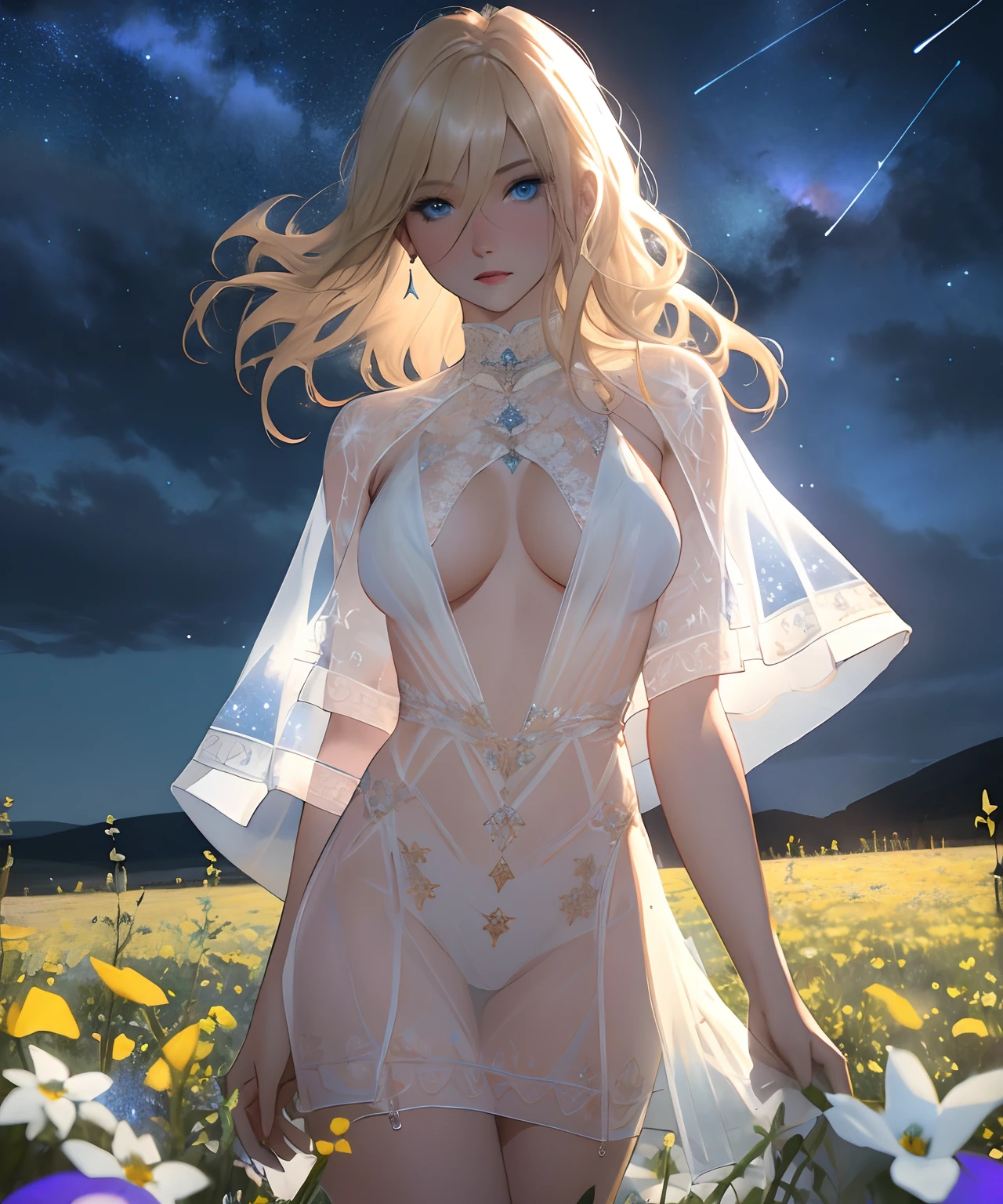 RAW, analog, Nikon Z 85mm, award winning glamour photograph,
front lit, Ukrainian woman, goddess, blond, blond pubic hair, blue eyes, ((wearing transparent sheer White Dress)), petite, fit, gorgeous body, puffy, erect, standing in field of wild flowers, ((night sky with stars in background)), ((high detailed skin, skin details)), sharp focus, volumetric fog, 8k uhd, dslr, high quality, film grain, 4k, artstation, artgerm. highly intricate and detailed face
highres, detailed facial features, high detail, sharp focus, smooth, aesthetic, extremely detailed, post-processing, max detail, roughness, real life, photography, 8k uhd, photography, SEMI-SILHOUETTE light, russian face