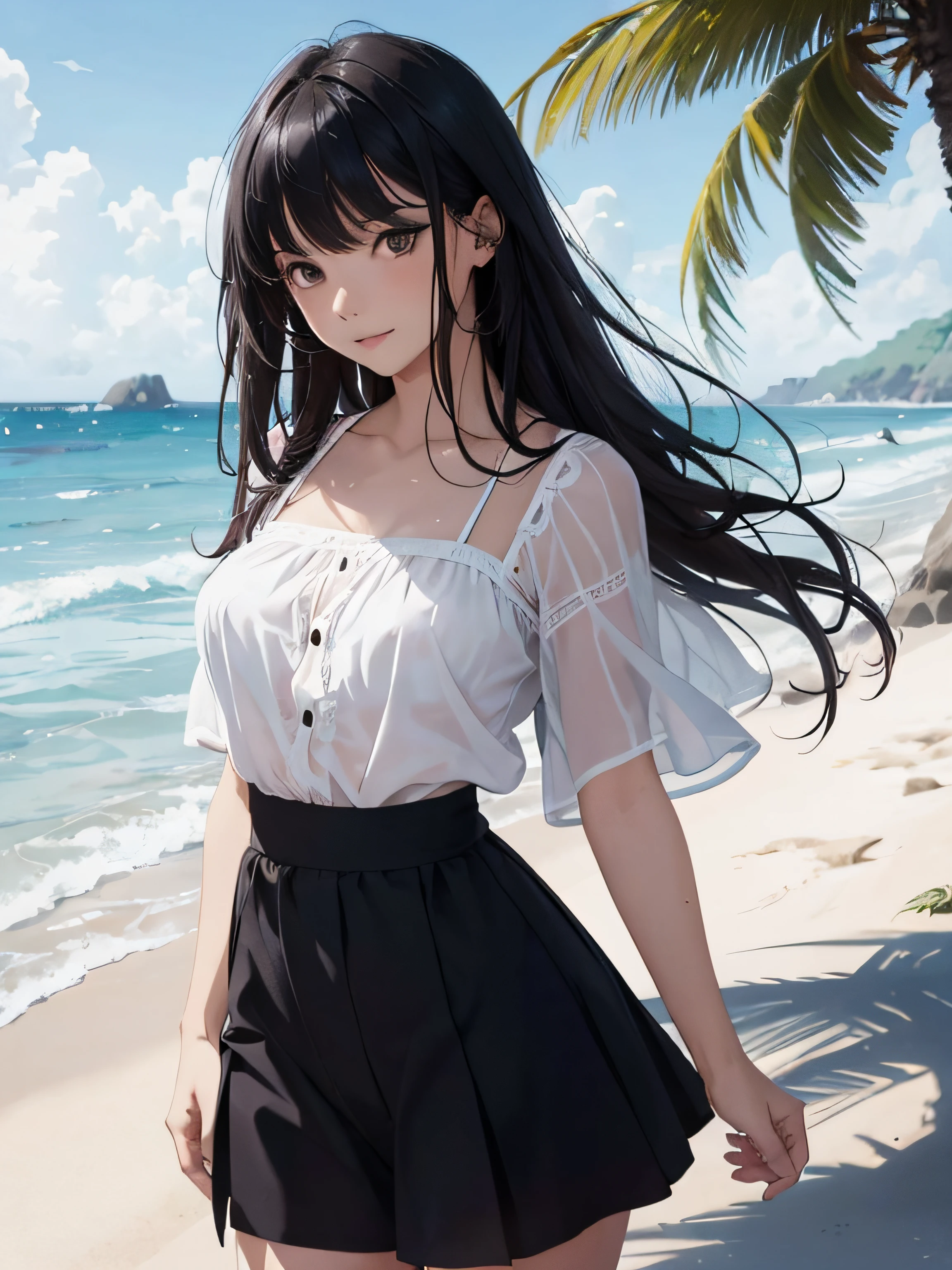a girl in summer clothes, blouses, shorts, skirts, wet body, medium breasts, flirtatious look, very well detailed, beach landscape, long black hair, photorealistic image, there are people on the beach.