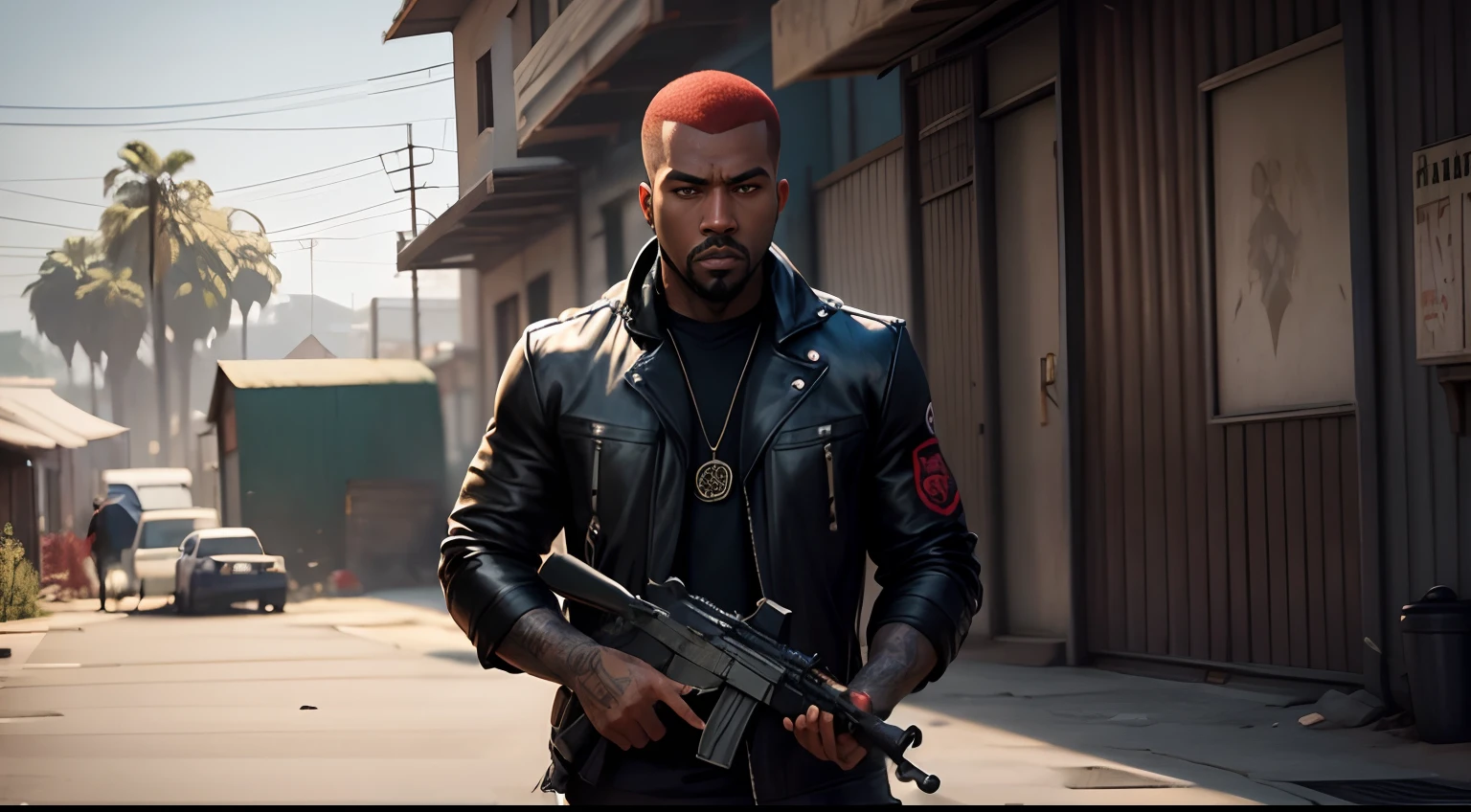 A lonely man, Tatuado, red hair, pele negra,corte vermelho, gta personagem, Como o protagonista de GTA 5, gta v estilo, Kanye West em GTA v, gta5 estilo, gta v personagem, empunhando fuzil de assalto, rifle in hand, Fuzil AK -47, slum scenery.