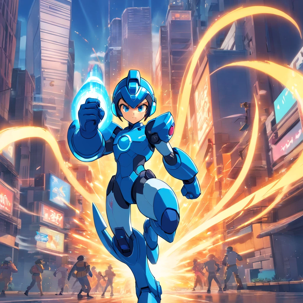 Megaman, Macho,(best quality,4k,8k,Altas,master part:1.2),ultra-detalhado,Energetic,heroic,Pose forte,cybernetic suit,[armadura azul],futuristic cityscape,armamento de alta tecnologia,cores brilhantes,scientific fiction,action-packed,[Powerful Buster Cannon],[capacete distinto],batalha intensa,[feixes de laser],[Fluid animation],dynamic movement,Explosions,Adrenalina,classic video game style