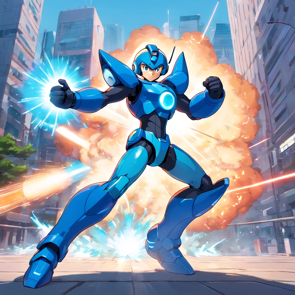 Megaman, Macho,(best quality,4k,8k,Altas,master part:1.2),ultra-detalhado,Energetic,heroic,Pose forte,cybernetic suit,[armadura azul],futuristic cityscape,armamento de alta tecnologia,cores brilhantes,scientific fiction,action-packed,[Powerful Buster Cannon],[capacete distinto],batalha intensa,[feixes de laser],[Fluid animation],dynamic movement,Explosions,Adrenalina,classic video game style