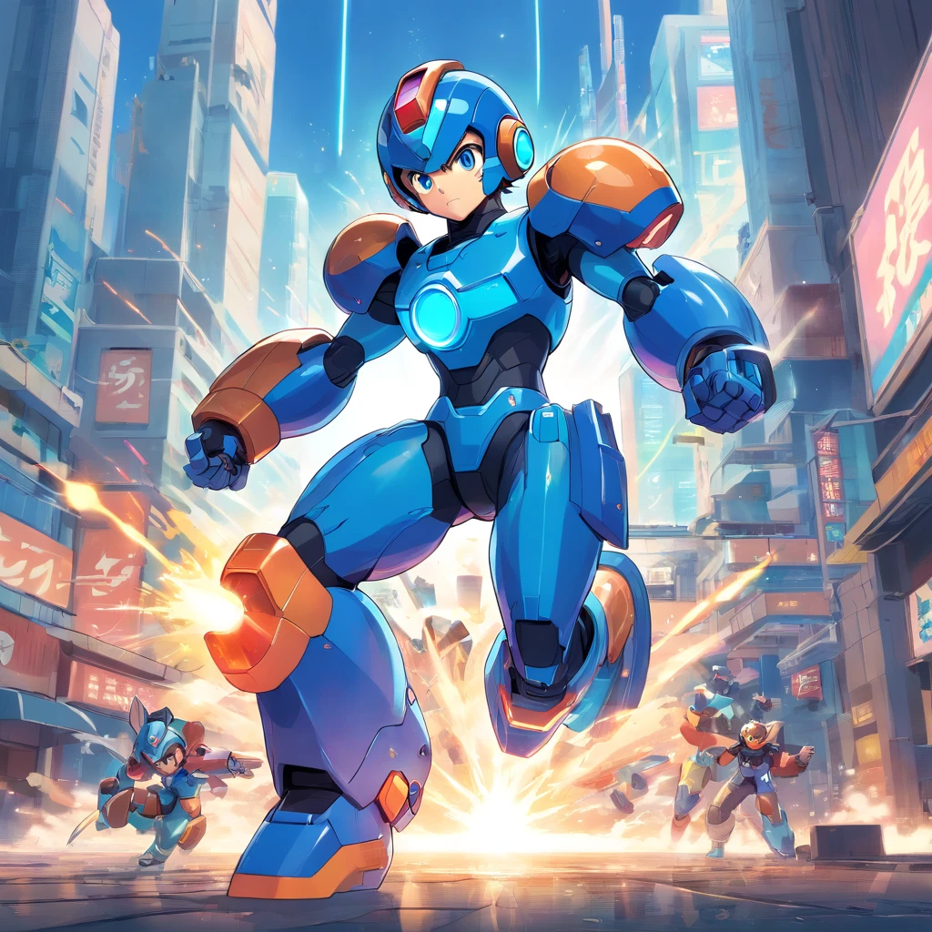 Megaman, Macho,(best quality,4k,8k,Altas,master part:1.2),ultra-detalhado,Energetic,heroic,Pose forte,cybernetic suit,[armadura azul],futuristic cityscape,armamento de alta tecnologia,cores brilhantes,scientific fiction,action-packed,[Powerful Buster Cannon],[capacete distinto],batalha intensa,[feixes de laser],[Fluid animation],dynamic movement,Explosions,Adrenalina,classic video game style