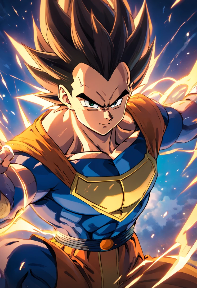 Vegeta vestindo um terno preto, macho, Dragon ball z, party hall, illustration, ultra-detalhado, Realistic:1.37, cores vibrantes, dynamic lighting, Retratos, estilo anime, glossy, sombras escuras, postura confiante, olhar intenso, aura de energia colorida, extravagant decorations, gravata estilosa, cabelo arrumado, muscular physique, Dragon Ball logo, emblema saiyajin, fundo elegante, foco nítido, high-resolution masterpiece:1.2