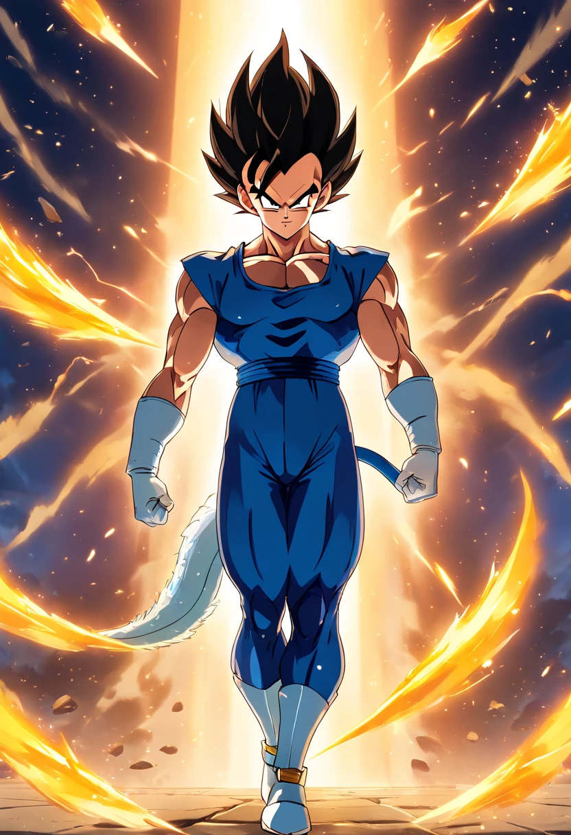 Vegeta vestindo um terno preto, macho, Dragon ball z, party hall, illustration, ultra-detalhado, Realistic:1.37, cores vibrantes, dynamic lighting, Retratos, estilo anime, glossy, sombras escuras, postura confiante, olhar intenso, aura de energia colorida, extravagant decorations, gravata estilosa, cabelo arrumado, muscular physique, Dragon Ball logo, emblema saiyajin, fundo elegante, foco nítido, high-resolution masterpiece:1.2