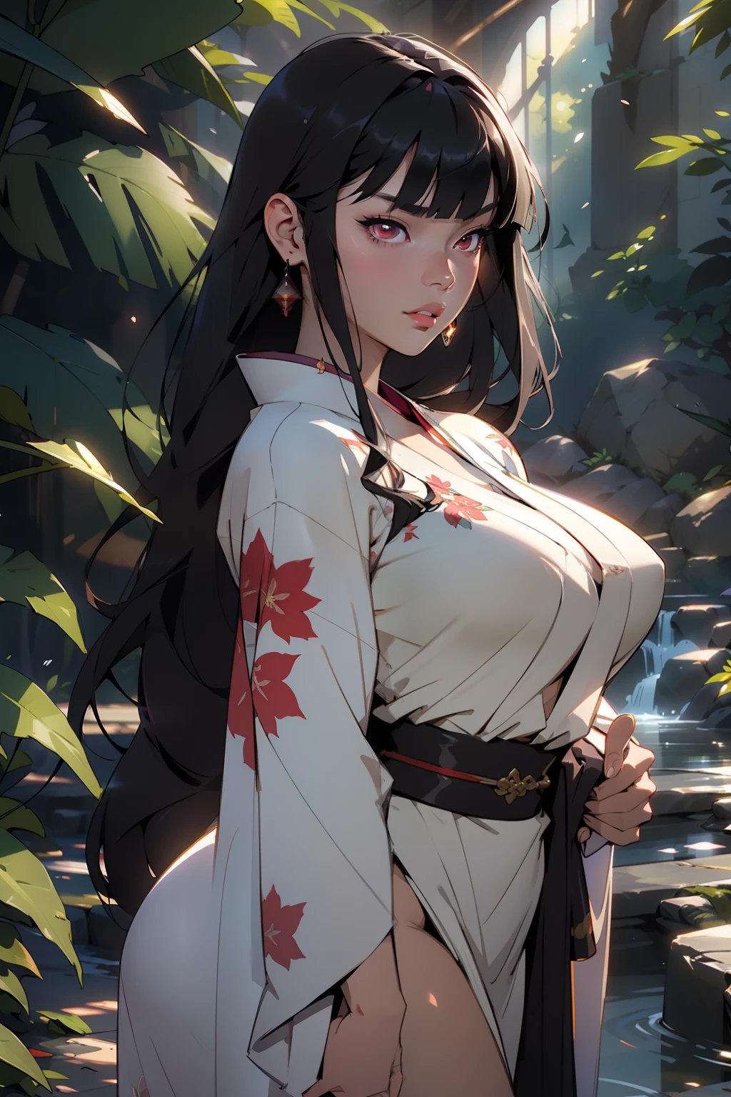 beautiful young woman, 4k, high quality, dynamic light, godrays, beautiful lighting, dynamic lighting and shadows, light through foliage, big breasts, highlights, shining skin, glowing lights, bright reflections, shimmering light reflections, kimono, purple and black kimono, long black hair, straight bangs, red eyes, glaring, big plump soft lips, thick lips, katana on belt, kimono dress, long flowing dress