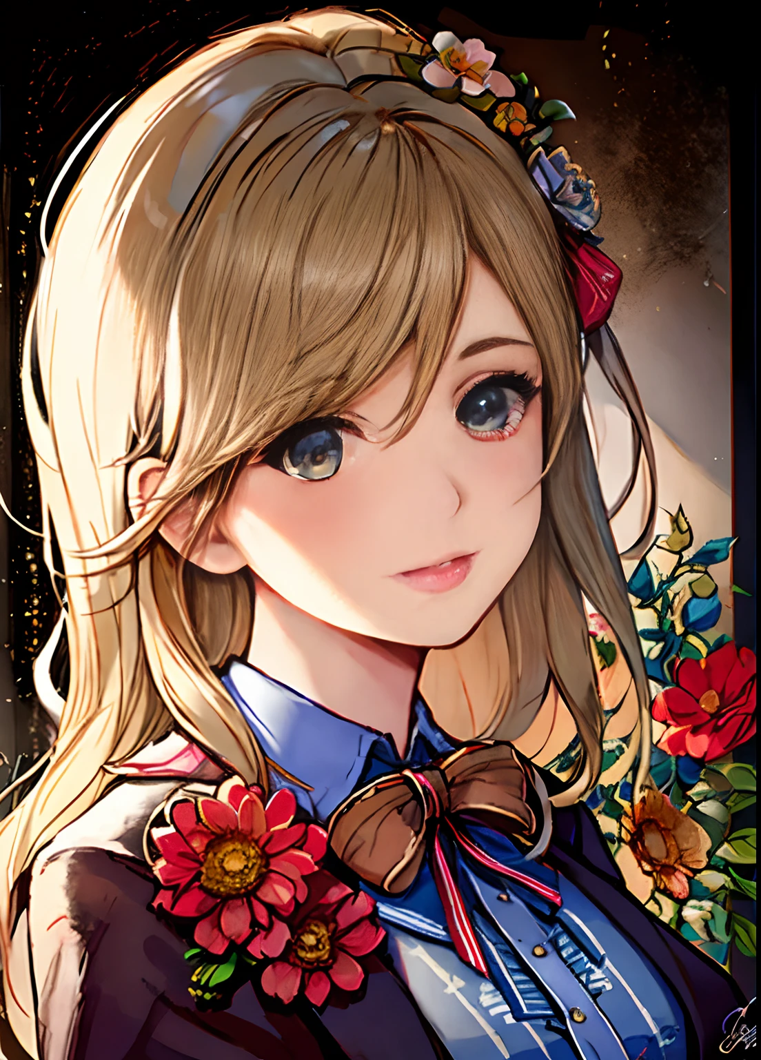 Charlie Bowater realistic Lithography sketch portrait of a woman, flowers, [gears], pipes, dieselpunk, multi-colored ribbons, old paper texture, highly detailed