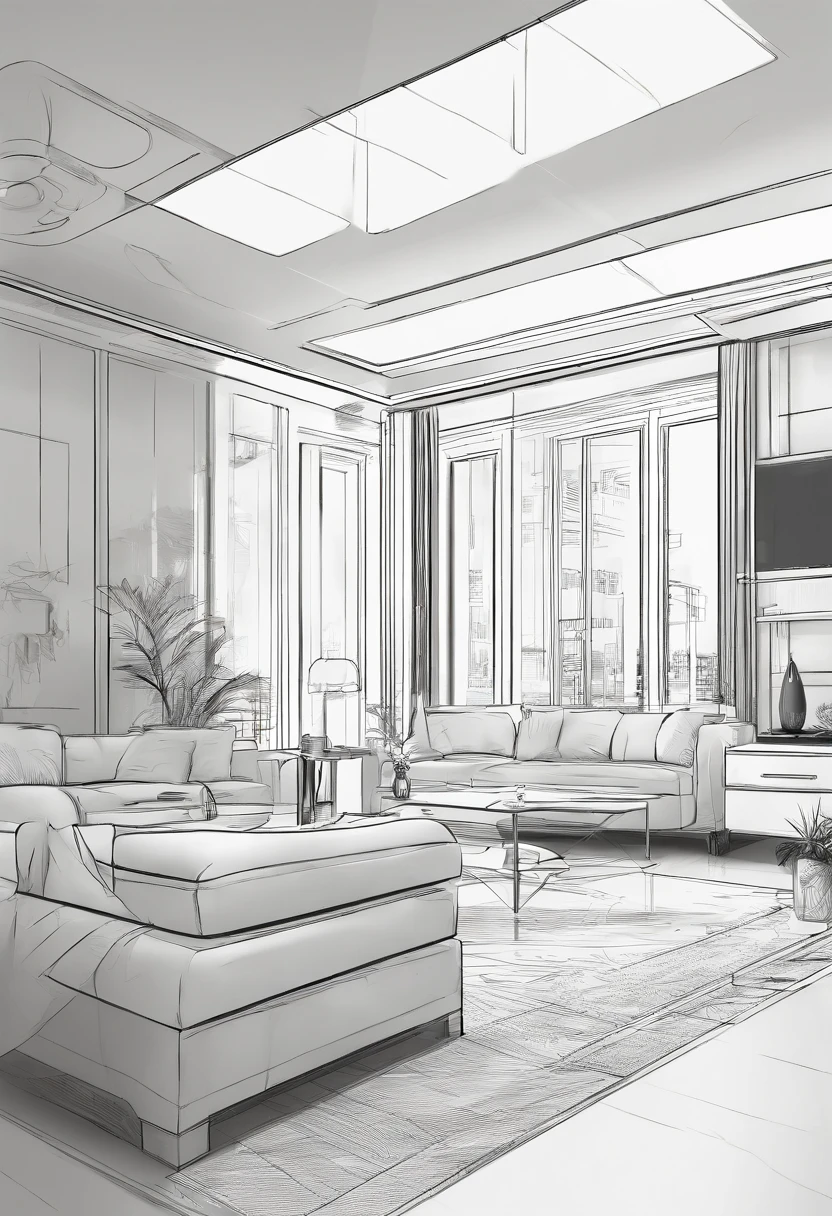 Small living room、Correct perspective、line-drawing、outlines、Medium omission、unmanned