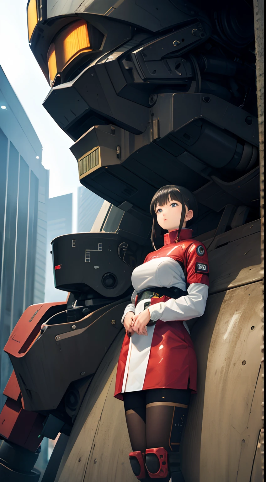 Katsuhiro Otomo, Japanese Anime Surreal Mysterious Bizarre Sci-fi Fantasy Giant robot in the parking lot Urban landscape Tokyo Tower Girl in tight-fitting space suit sitting on the robot’s shoulder, hyperdetailed high resolution high definition high quality masterpiece