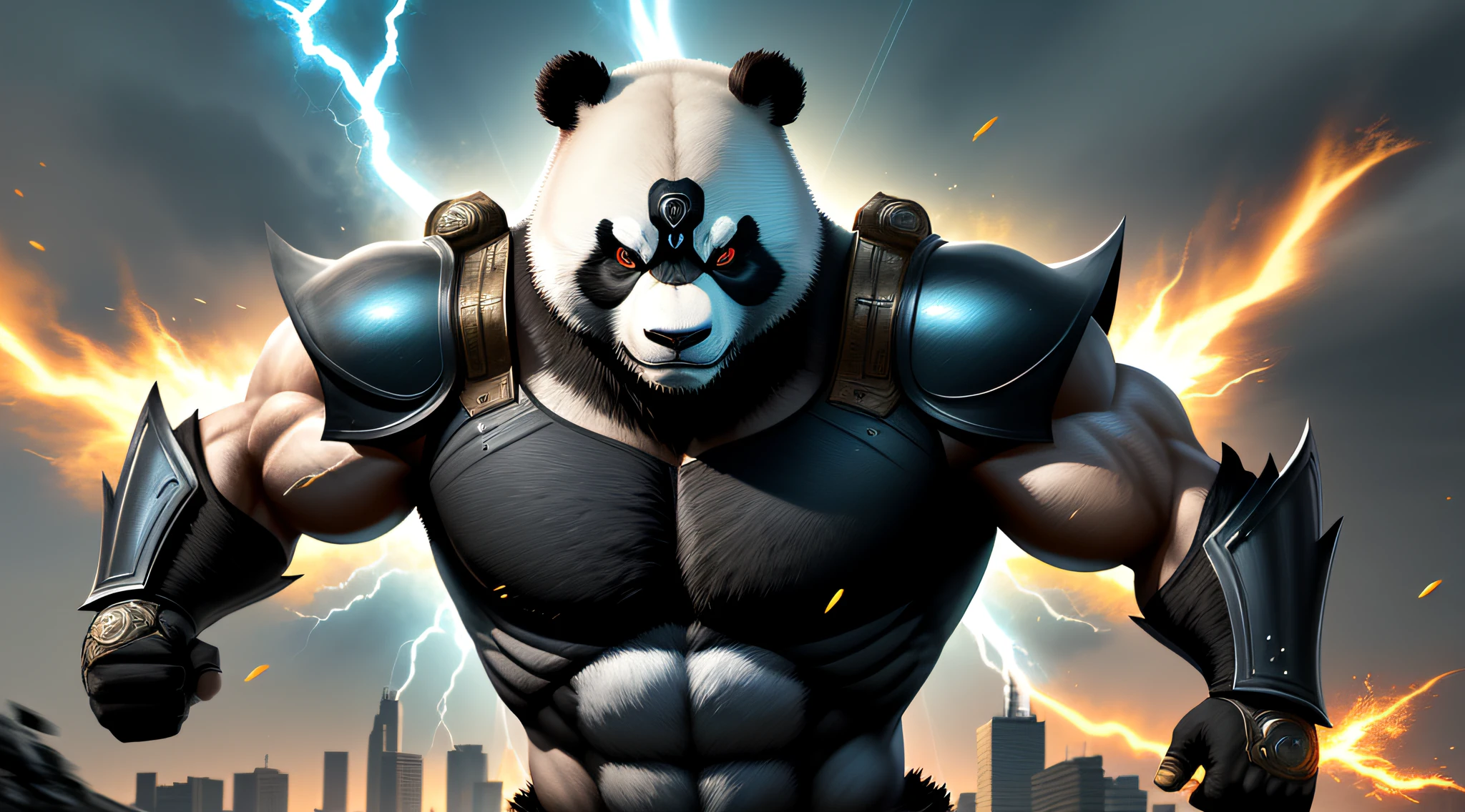 Cyborg panda bear, strong and metal with fire --auto
