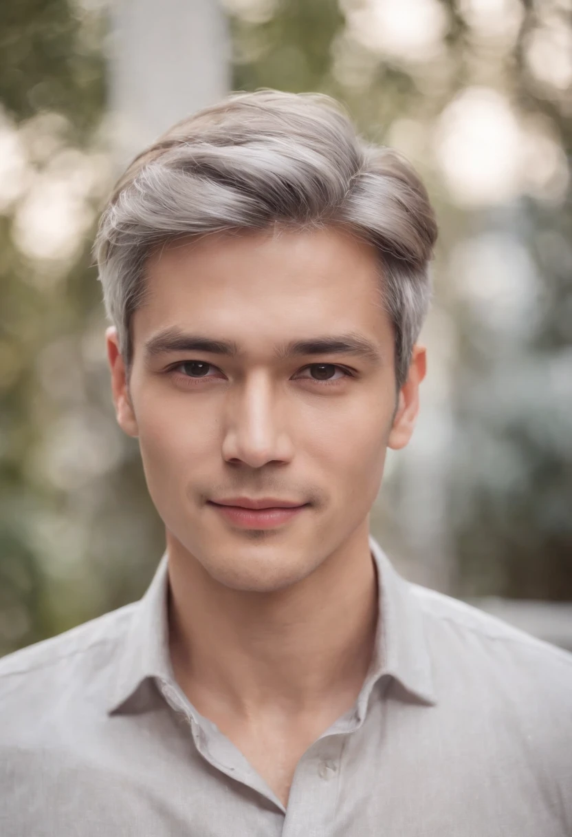 Portrait of handsome man 30 years old round face cinematic appearance、Silver hair、Brown jacket、White button-down shirt、kindly smile、Photography, Male perfection,  Black eyes, Hyper realistic, 8K - V 4、50-year-old dandy gentleman、Gentle eyes、Gray hair、Looking straight ahead at the camera、