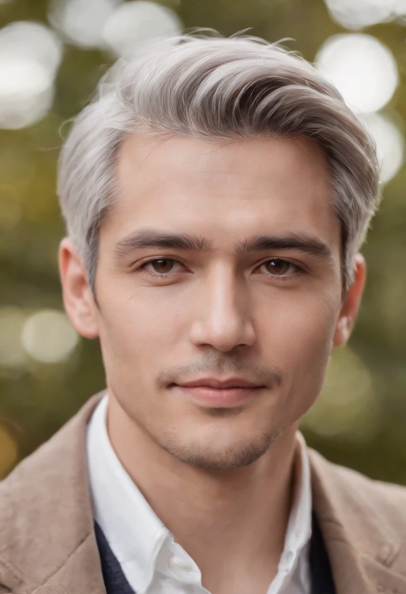 Portrait of handsome man 30 years old round face cinematic appearance、Silver hair、Brown jacket、White button-down shirt、kindly smile、Photography, Male perfection,  Black eyes, Hyper realistic, 8K - V 4、50-year-old dandy gentleman、Gentle eyes、Gray hair、Looking straight ahead at the camera、