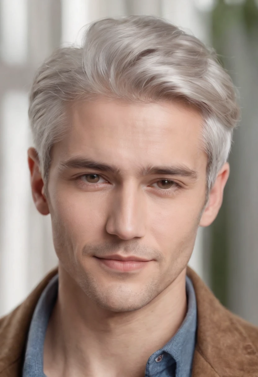 Portrait of handsome man 30 years old round face cinematic appearance、Silver hair、Brown jacket、White button-down shirt、kindly smile、Photography, Male perfection, Black eyes, Hyper realistic, 8K - V 4、50-year-old dandy gentleman、Gentle eyes、Gray hair、Looking straight ahead at the camera、