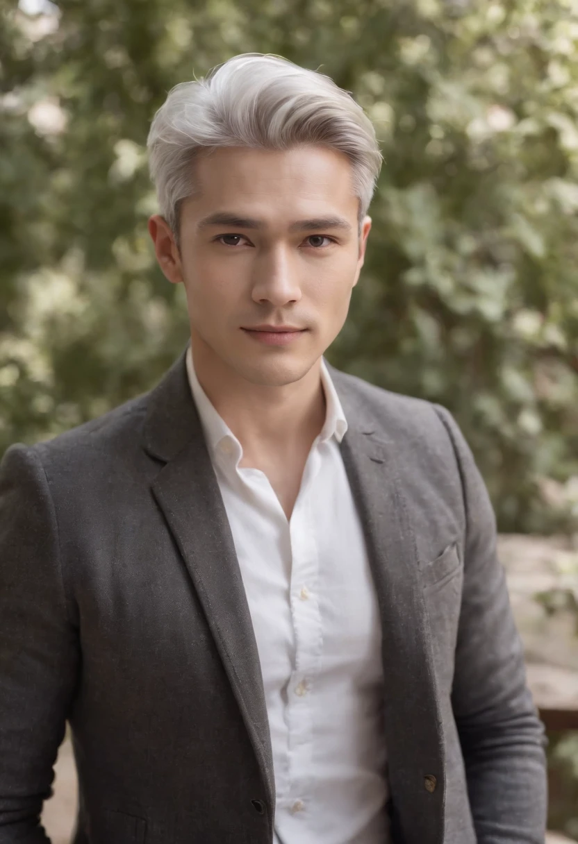 Portrait of handsome man 30 years old round face cinematic appearance、Silver hair、Brown jacket、White button-down shirt、kindly smile、Photography, Male perfection, Black eyes, Hyper realistic, 8K - V 4、50-year-old dandy gentleman、Gentle eyes、Gray hair、Looking straight ahead at the camera、