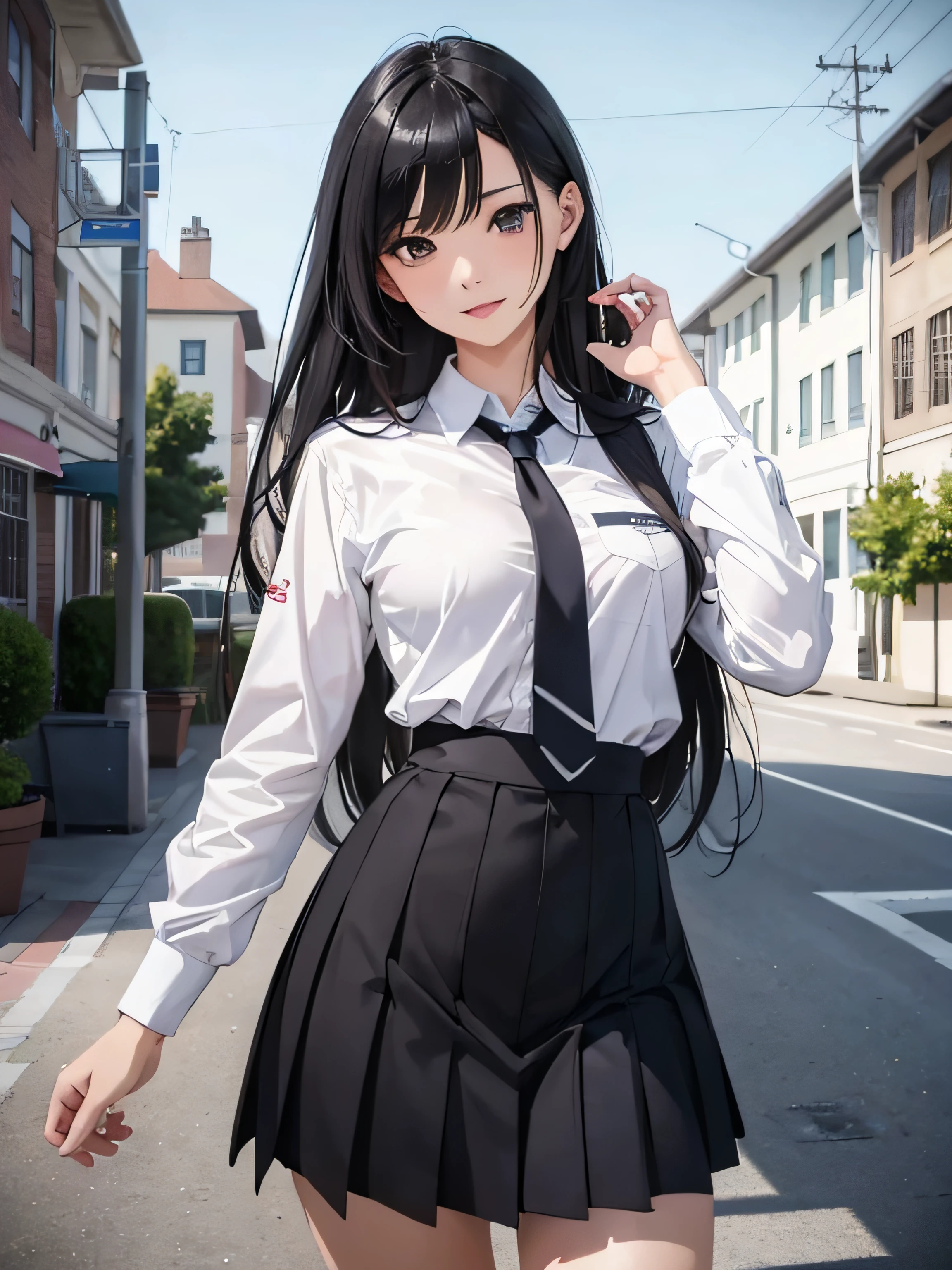 a girl in school uniform, medium breasts, flirtatious look, very well detailed, academy scenery, long black hair, photorealistic image.