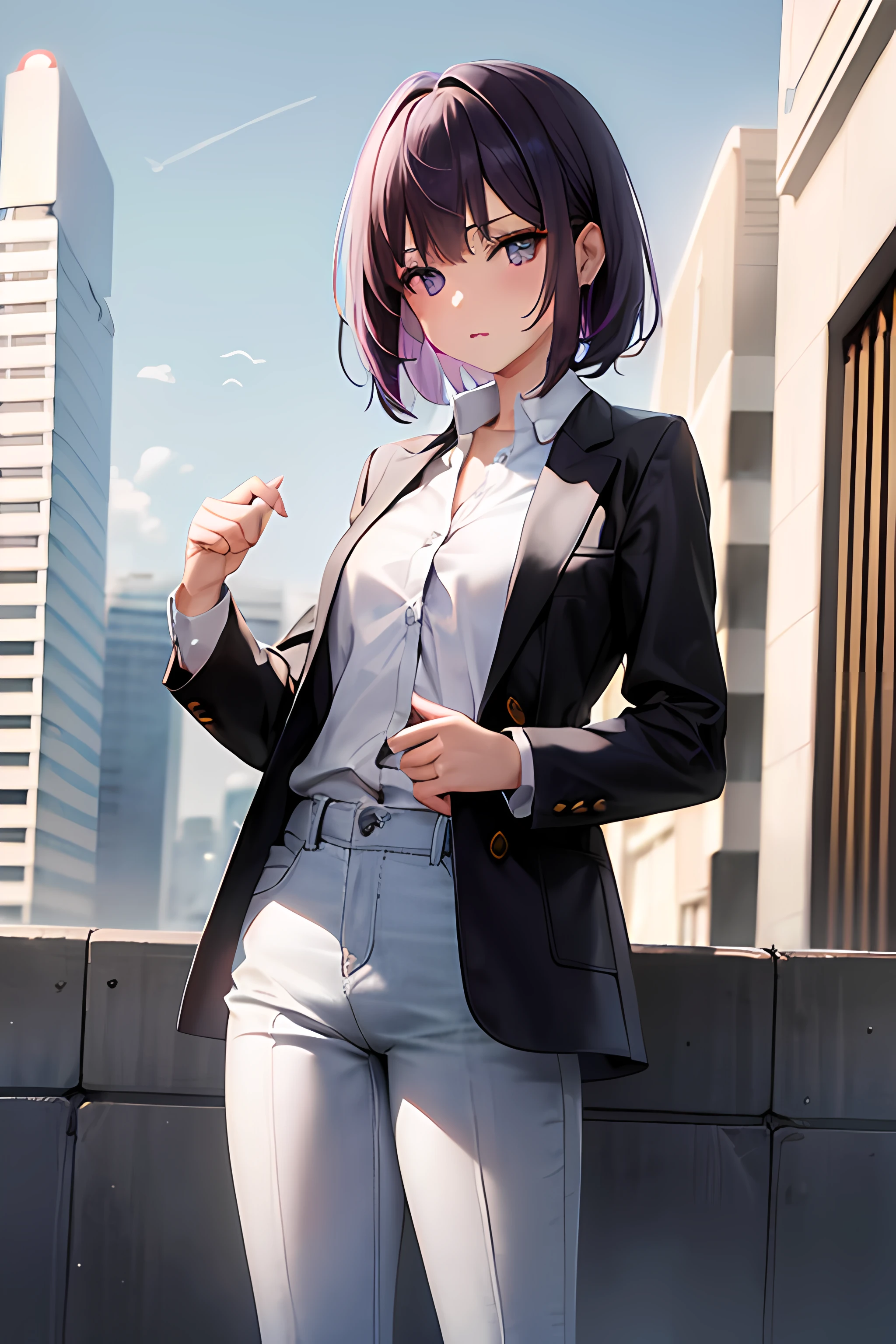 1girl, Pelo violeta corto, ojos violeta, con camisa blanca lisa, pantalones cortos de mezclilla color gris, Ciudad, high resolusion, ultrasharp, 8k, Obra maestra, Mirando al espectador