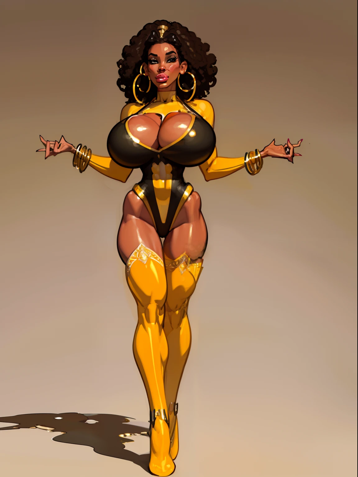 ((masterpiece)),(((best quality))),((character sheet)), ((full body view)) ((african queen)) ((afro)) ((seductive pose)) mature face, defined cheekbones, high cheekbones, illustration, girl, muscular, ((afro:1.4)), sexy bimbo, (gigantic breasts:1.7) brown hair, ((detailed face:1.4)) beautiful woman, (yellow leotard:1.4), (gold hoop earrings:1.6), (thighhighs:1.4) (yellow lipstick:1.5) , shiny skin, scribbles and marks,(puffy lips:1.5) , rough sketches, 8k,16k, (simple background, white background: 1.3), yellow and black color palette, brown legs, orange arms, (black skin:1.7)