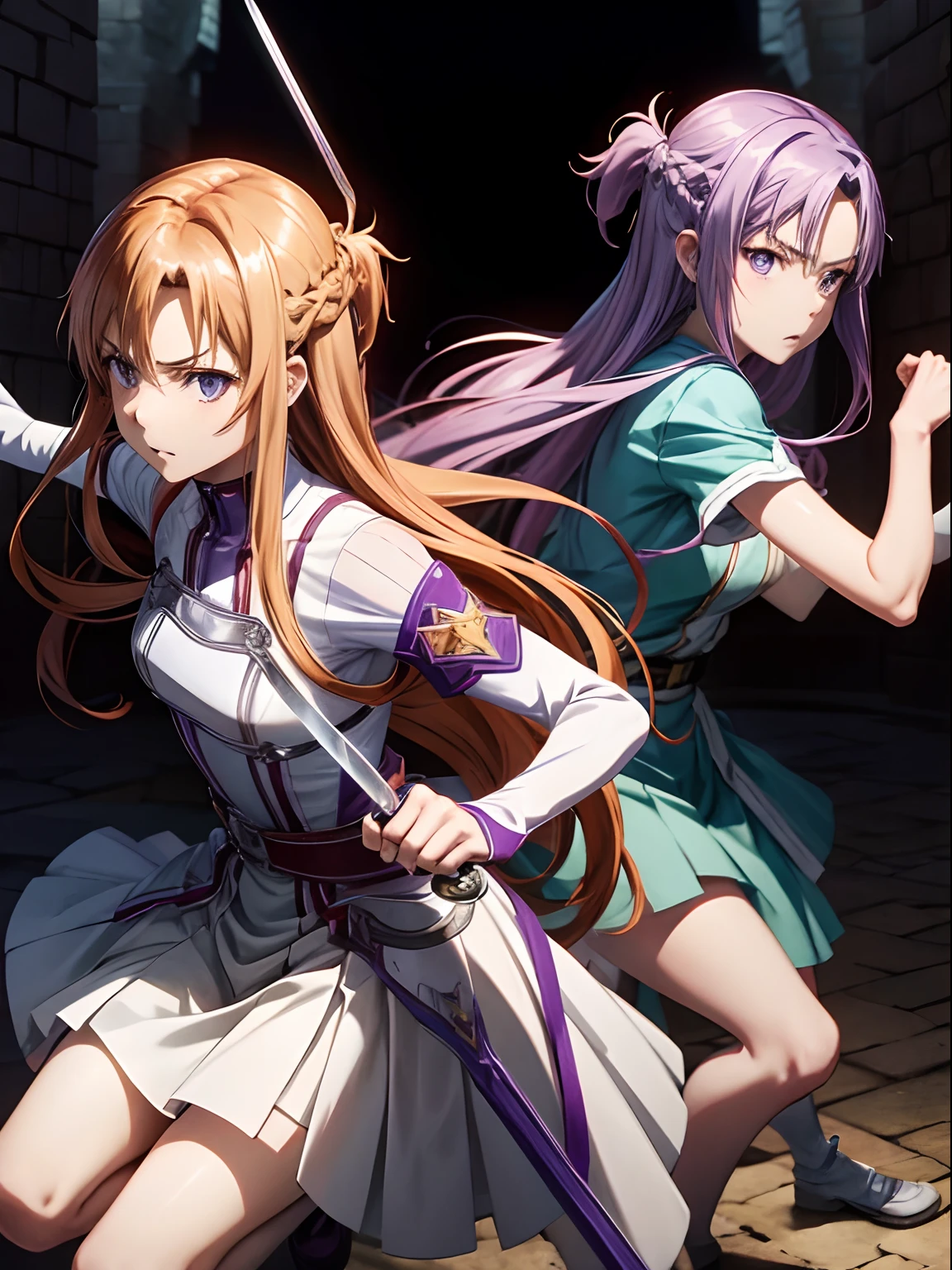 Two anime characters fighting with swords,best pictures,Yuuki Asuna , super precision, The sword、[3D images:1.35]、[[In high-quality anime、Cute Asuna with brown hair and brown eyes:1.15]]、Facing、(\Alice fell into the darkness with purple hair and purple eyes\),[[Attractive eyes,A detailed eye、radiant eyes, Colorful eyes:1.15]、fight pose, heroically battle posing, anime fight, Styling images, Complex sword fighting poses, facing off in a duel, duel, Sword fighting,[[Alice confronts Asuna with her sword:1.20]],　Two whole、zoom out angle