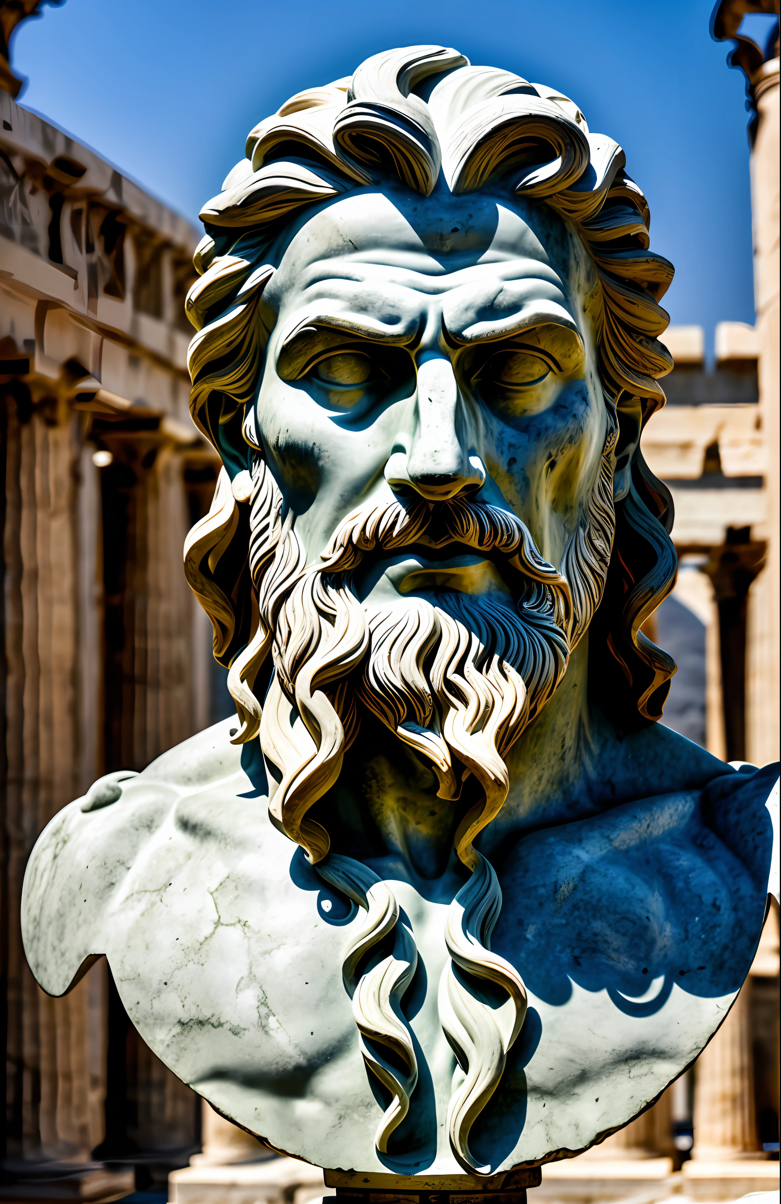 Greek sculpture, sigma, high quality, detailed, 4k, detailed body, Zeus, realistic shadows, highly detailed, bust