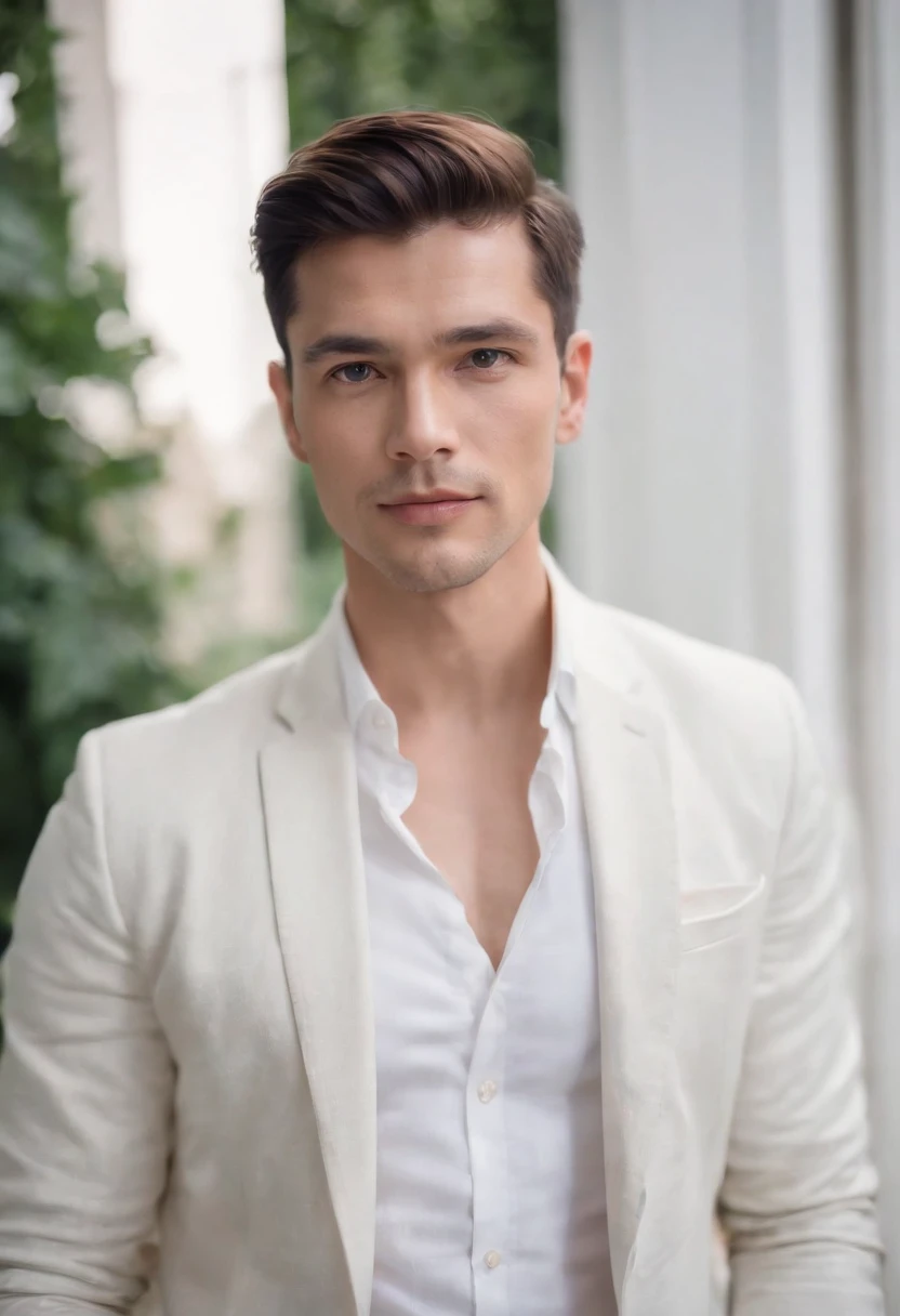 Portrait of handsome man 30 years old round face cinematic appearance、White shirt and jacket、Looking straight ahead at the camera