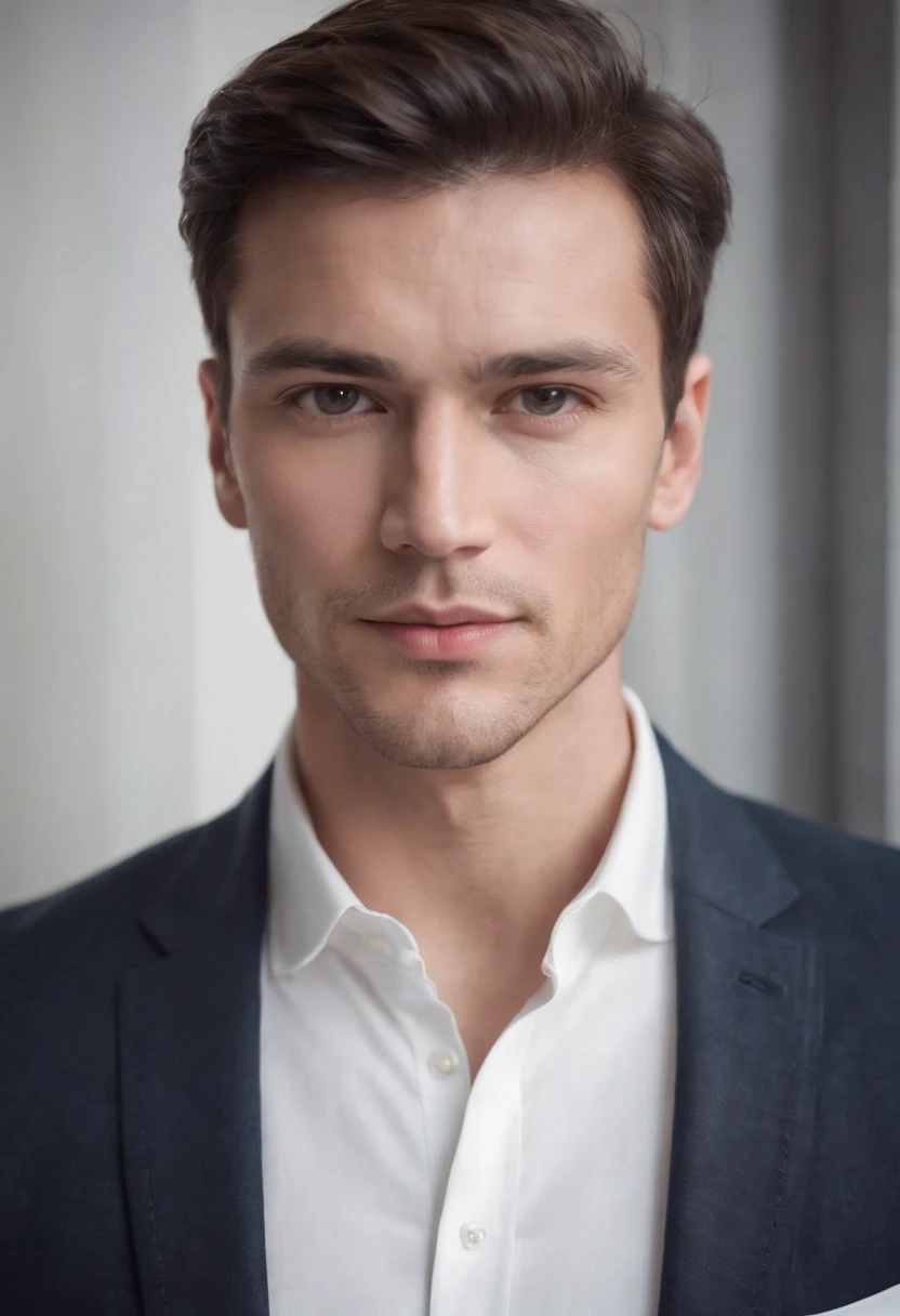 Portrait of handsome man 30 years old round face cinematic appearance、White shirt and jacket、Looking straight ahead at the camera