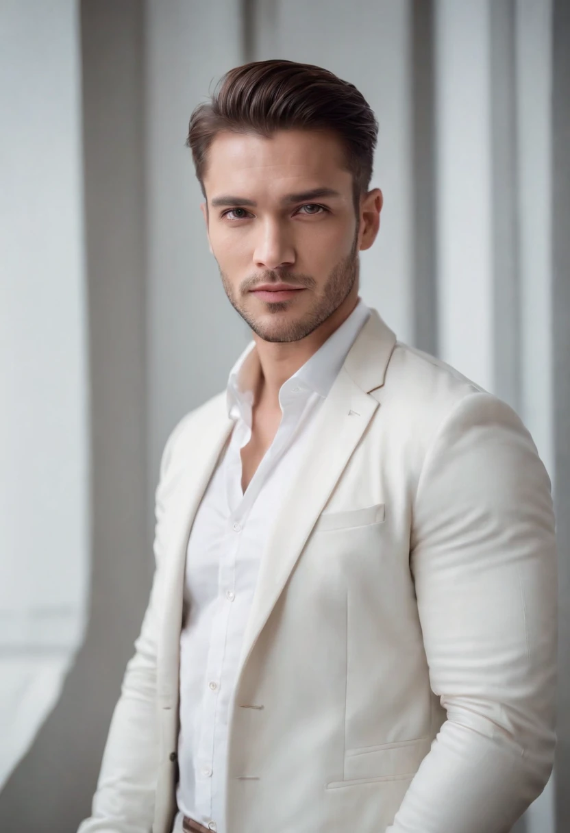 Portrait of handsome man 30 years old round face cinematic appearance、White shirt and jacket、Looking straight ahead at the camera