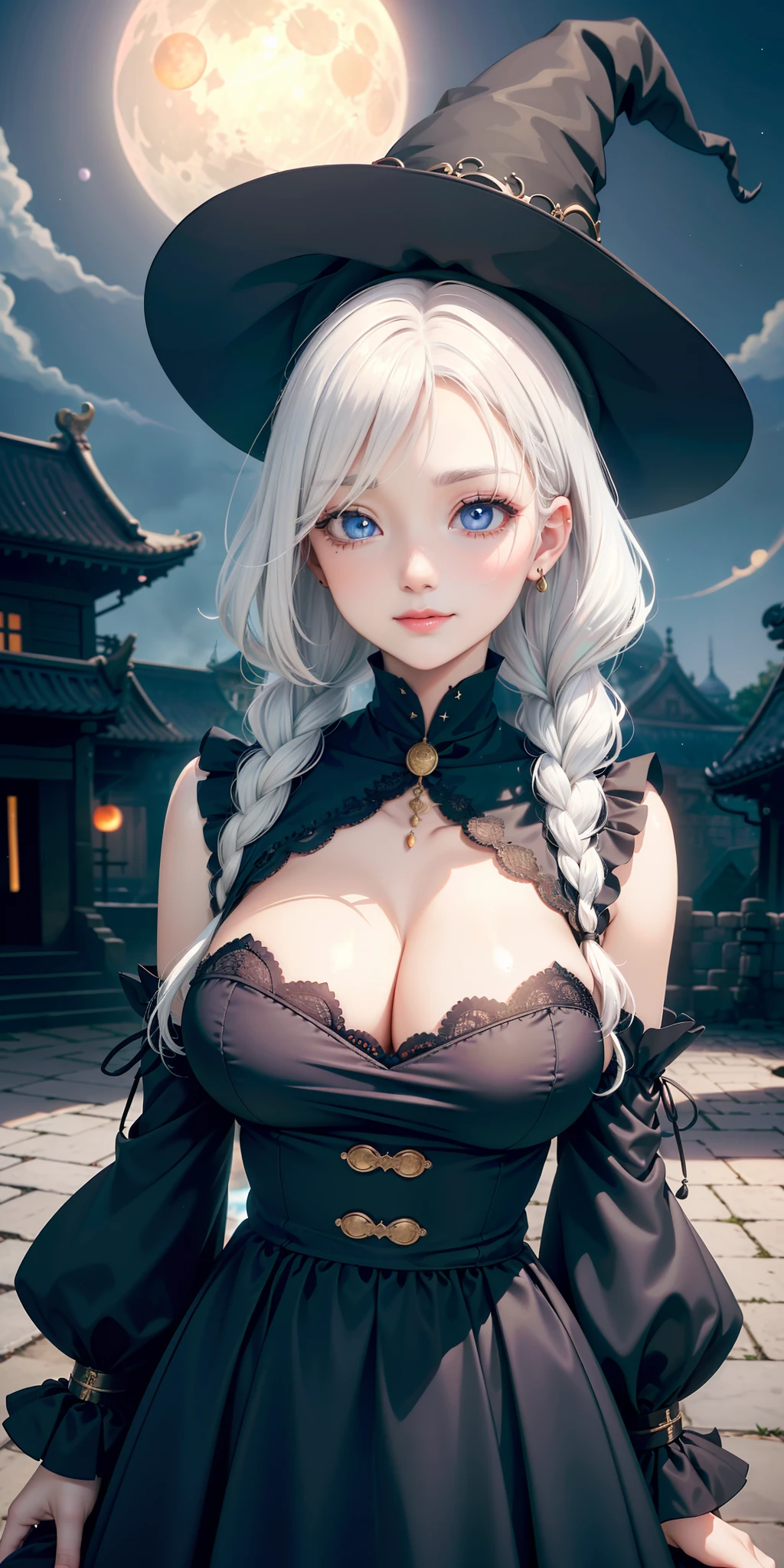 big breasts ((witch)) ((colored white hair)), ((Side braid)), ((((((perfect eyes))))), ((light effect on eyes)) extremely sexy body, hat black witch, black 's style witch dress with puffed sleeves with sexy lace details open in the middle of the large breasts, transparent details on the dress, ((Ultra Quality, Cinema lighting, Full HD, ultra realistic)), Perfect lips, cute protruding smile, cute expression, lost temple, Night, full moon, lunar eclipse Halloween, gloomy, haunted castle in the distance, perfect hands, detailed nails