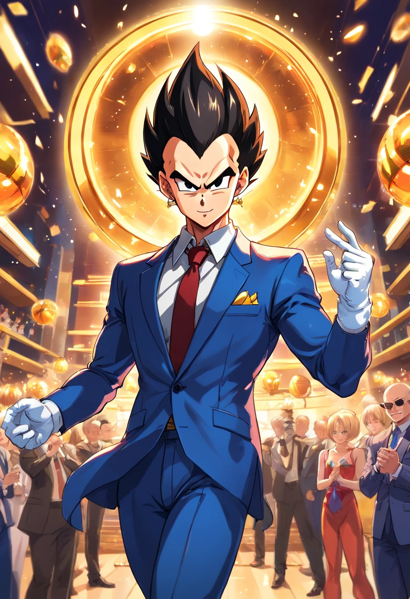 (best quality,highres),(realistic:1.37),vegeta wearing a suit,vegeta wearing sunglasses,vegeta in dragon ball universe,vegeta in formal attire,vegeta in a party hall,vegeta attending a party,wearing a black suit,carrying a serious expression,confident body language,sharp facial features,detailed hair,blue aura surrounding vegeta,dragon ball fanart,anime style,party scene,glamorous lighting,golden chandeliers,colorful decorations,fine details on the suit,crisp textures,attention to shading and highlights,vivid colors,energetic and dynamic pose,expressive eyes,stylized background,dynamism in the composition
