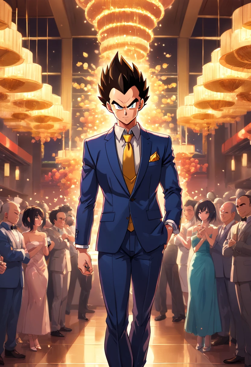 (best quality,highres),(realistic:1.37),vegeta wearing a suit,vegeta wearing sunglasses,vegeta in dragon ball universe,vegeta in formal attire,vegeta in a party hall,vegeta attending a party,wearing a black suit,carrying a serious expression,confident body language,sharp facial features,detailed hair,blue aura surrounding vegeta,dragon ball fanart,anime style,party scene,glamorous lighting,golden chandeliers,colorful decorations,fine details on the suit,crisp textures,attention to shading and highlights,vivid colors,energetic and dynamic pose,expressive eyes,stylized background,dynamism in the composition