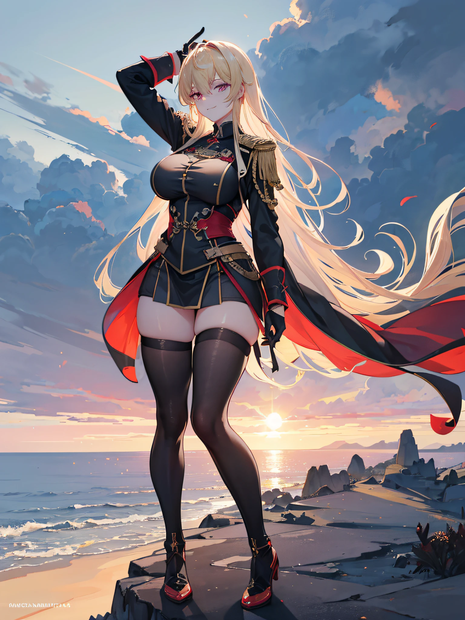 Tanya Von Degurechaff looking down the scope of her HK ready to fire, devilish smile, casting her skill as she falls through the clouds, full body, photograph, (ultra-realistic), {extremely detailed 8k CG unit wallpaper}, photograph of expansive landscape, (a low view that prioritizes character and setting, wide view of open field), (low angle shot), (high light: 1.7), (low light: 1.5), (warm light source : 1.2), Intricate Details, (Iridescent Colors: 1.2), (Bright Lighting), (Atmospheric Lighting), Dreamy, Magical, Badass