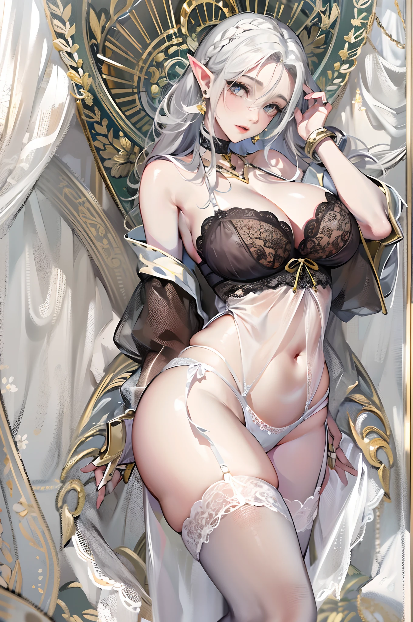 Charming，whaite hair，long  white hair，Broken and rotten shirts，Broken and rotten shirts，Extra short ripped jeans，White stockings，Mrs. Hairstyles，a matural female，Tied up with hair，Delicate earrings，a crystal pendant，Bend over，A plump chest，比基尼，Erotic lingerie，libraryai，the elf，(huge tit)