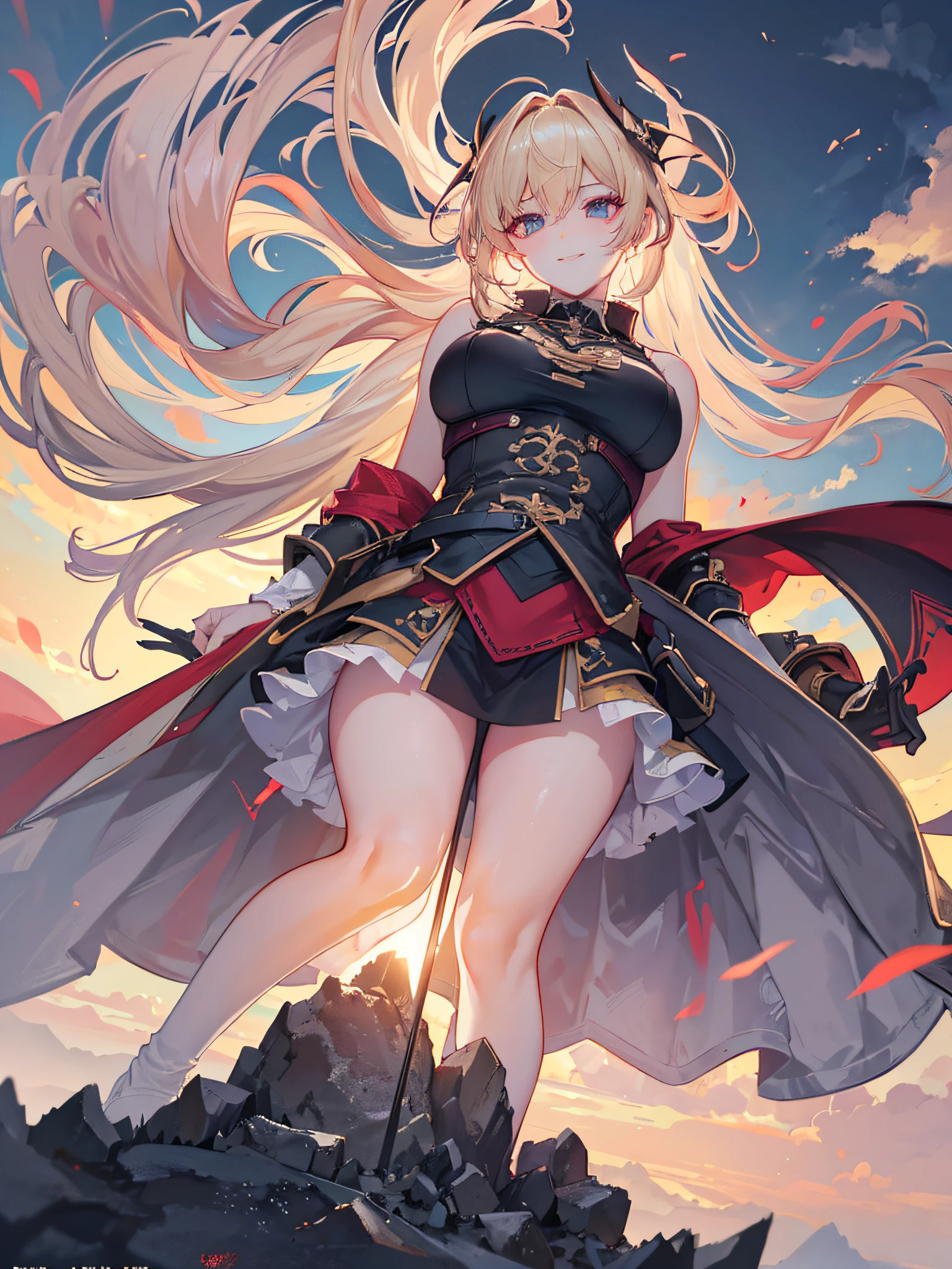 Tanya Von Degurechaff looking down the scope of her HK ready to fire, devilish smile, casting her skill as she falls through the clouds, full body, photograph, (ultra-realistic), {extremely detailed 8k CG unit wallpaper}, photograph of expansive landscape, (a low view that prioritizes character and setting, wide view of open field), (low angle shot), (high light: 1.7), (low light: 1.5), (warm light source : 1.2), Intricate Details, (Iridescent Colors: 1.2), (Bright Lighting), (Atmospheric Lighting), Dreamy, Magical, Badass