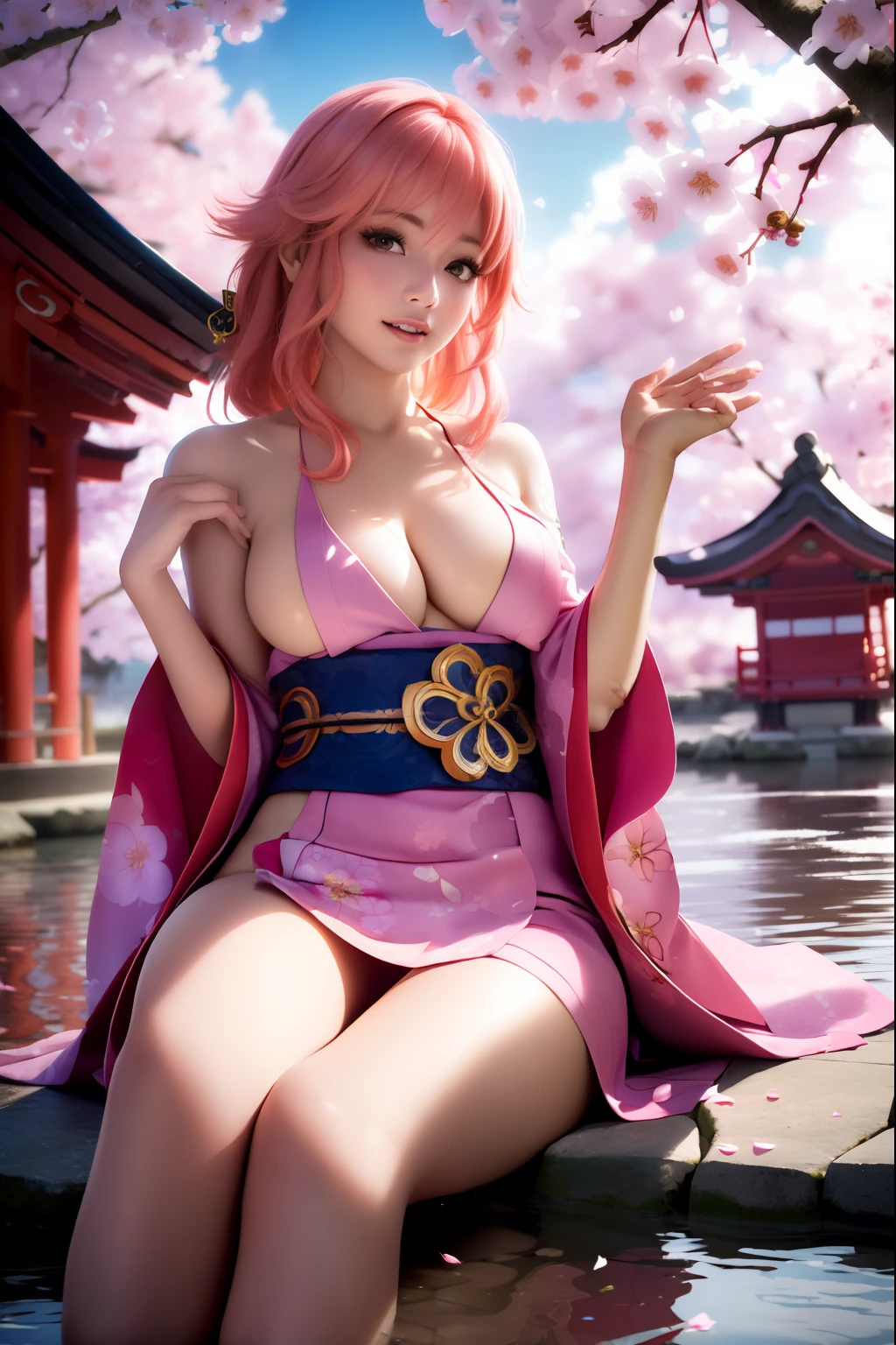 masterpiece, (photorealistic:1.5), best quality, beautiful lighting, real life,
nami \(one piece\),
1girl, architecture, cherry blossoms, east asian architecture, falling petals, gold, japanese clothes, kimono, log pose, long pink hair, looking at viewer, open mouth, pink hair, petals, shoulder tattoo, solo, tattoo, teeth, upper teeth only
, intricate, high detail, sharp focus, dramatic, beautiful girl , (RAW photo, 8k uhd, film grain), caustics, subsurface scattering, reflections