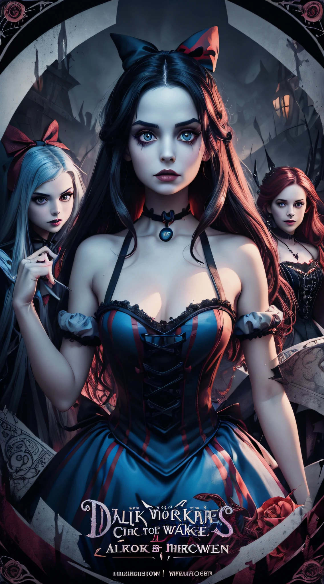 A portrait with 3 women of ((Dark Alice in wonderland, girl from nightmare before christmas, and alice in wonderland)) In the style of konsequencetoyz, splash art, deco art, fairycore, furturistic, gothic, heatwave, glamcore, ink spot,noir
Negative: ugly, tiling, out of frame, extra limbs, body out of frame, bad anatomy, watermark, signature, cut off, low contrast, bad art, blurry, draft, grainy