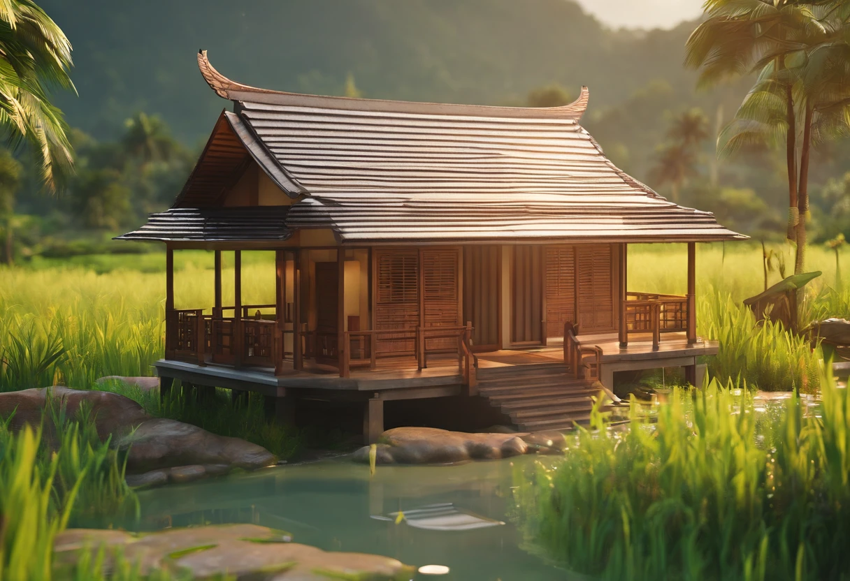 A small traditional Thai house in the middle of a rice field., High Basement, There is 1 cow.