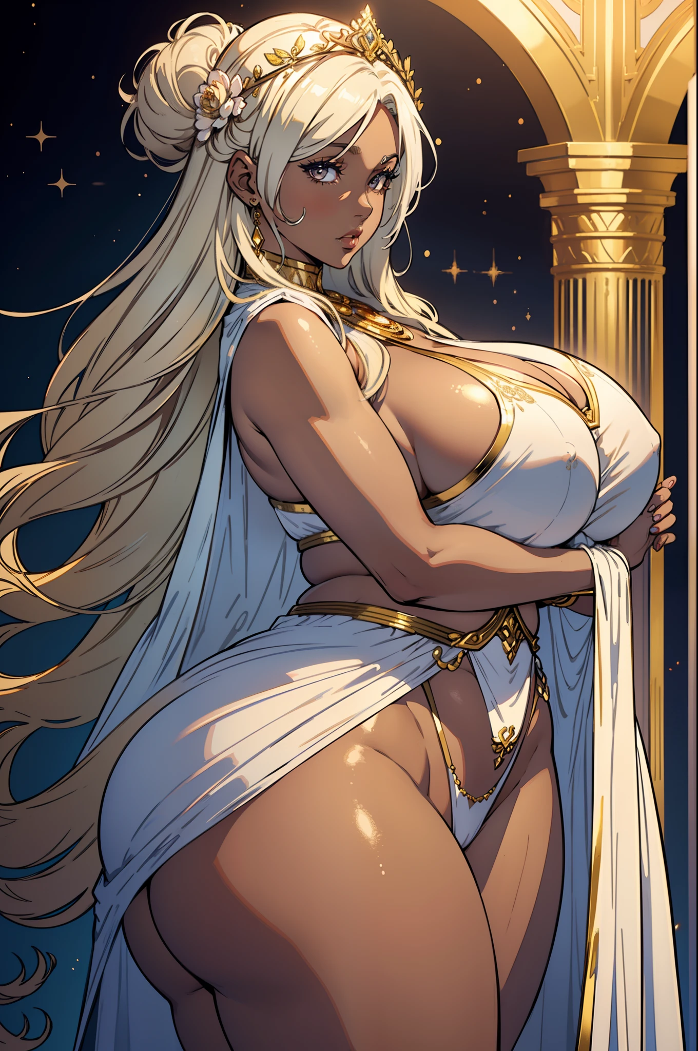 Best quality, solo mature woman, enormous breasts, giant ass, very curvy, dark brown skin, very long ash blonde hair, silver eyes, full lips, seductive, white goddess robes, flower crown, gold jewellery, goddess, curvy physique, thick thighs