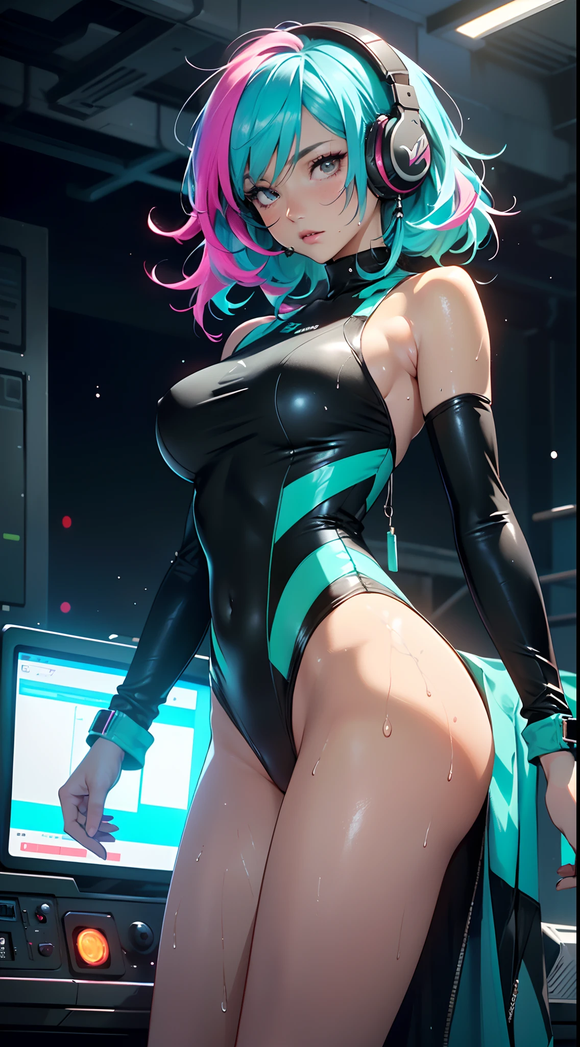sporty girl with Asian features,(((1girl))),((girl with dark hair and turquoise highlights,)),(asian girl),
(large breasts:1.4),saggy breasts,(((Black hair with turquoise streaks:1.35,straight hair,long hair:1.4,colored inner hair,ear breathing))),((heterochromia:1.5, (pink_eye and aqua_eye))),((fat)),(((lustrous skin:1.5,bright skin: 1.5,skin tanned,shiny skin,very shiny skin,shiny body,plastic glitter skin,exaggerated shiny skin,illuminated skin, wet legs))),(spider lower abdomen,narrow waist,wide hip,athletic body,inflated legs,detailed body,(detailed face)),
cute,slutty,seductive,erotic,(((nsfw))),
zettai ryouiki,((one-piece_swimsuit magenta,wearing a one-piece_swimsuit outfit:1.3,swimsuit type spacesuit,magenta armor swimsuit:1.3)),(rgb headphones:1.5),((wet clothes,intricate outfit,intricate clothes)),
(dynamic pose:1.0),embarrassed,(centered,scale to fit dimensions,Rule of thirds),
cyberpunk city by the ocean at night, with bright neon signs and dark stormy clouds and puddles, scenery:1.25,
artistic photography,(photography taken by sldr),highres, sharp focus, (ultra detailed, extremely detailed), (photorealistic artwork:1.37),(extremely detailed CG unity 8k wallpaper),((synthwave background theme)),(((vibrant colors))),(intricate background),(masterpiece),(best quality),