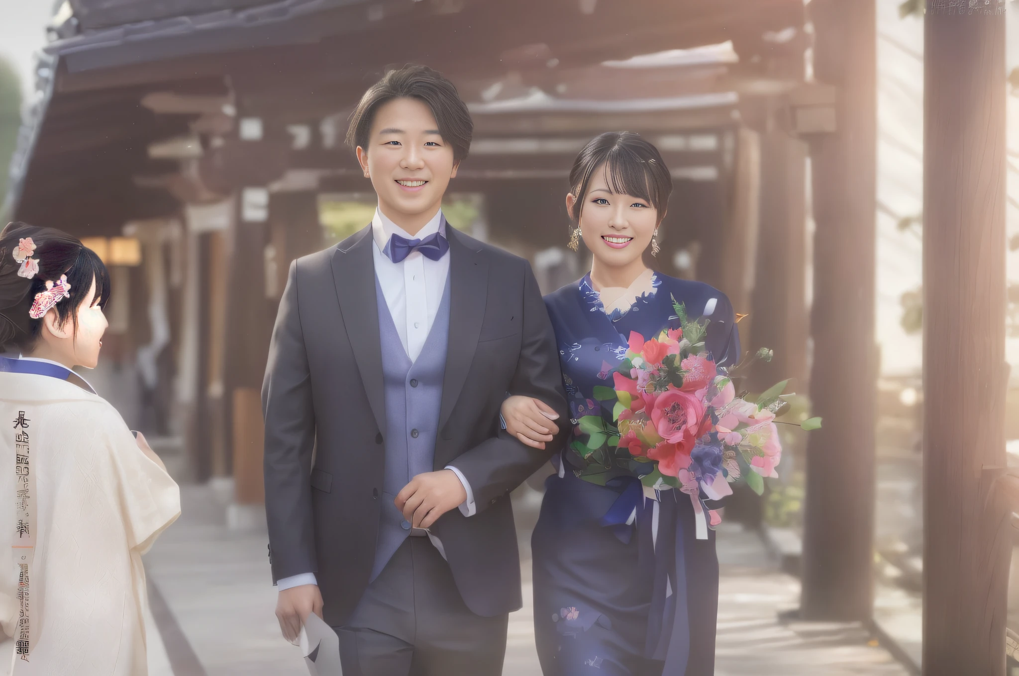 A smile, Male and female couples, Japanese umbrella, Kimono, (At 8K, Raw photo, of the highest quality, masutepiece:1.2), Super Detail, 超A high resolution, (Realistic, Photorealistic:1.2), high-definition RAW color photography, professional photograpy, depth of fields, Very fine and beautiful, Very detailed, 8K, Digital SLR, 800mm lens、photoRealstic、Super three-dimensional effect、Bring out the texture