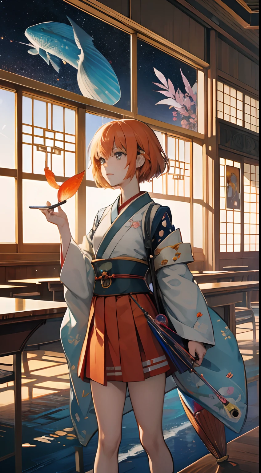 Winsor McCay, Japanese Anime, Surreal Mysterious Bizarre Sci-fi Fantasy, Kendama, School of Fish, Flame, A Girl, Classroom, Satellite Orbit, hyperdetailed high resolution high definition high quality masterpiece