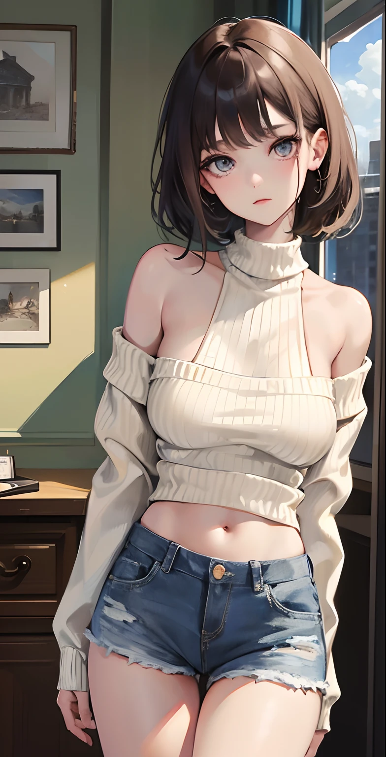 bottom boobs,(masterpiece), best quality, extremely detailed, (watercolor), bloom, delicate and beautiful, illustration, (from below),(1girl:1.4), (solo:1.2), large breasts, (ribbed sweater:1.3), off-shoulder sweater, (short shorts:1.2), bare shoulders, (underboob), ((dark skin:0.8)), beautiful eyes, (disheveled hair ), photography, over-the-shoulder shot, by Alex Maleev, professional, canon camera, nikon camera, sharp, bokeh, studio quality, fisheye lens, by Robert Capa ,