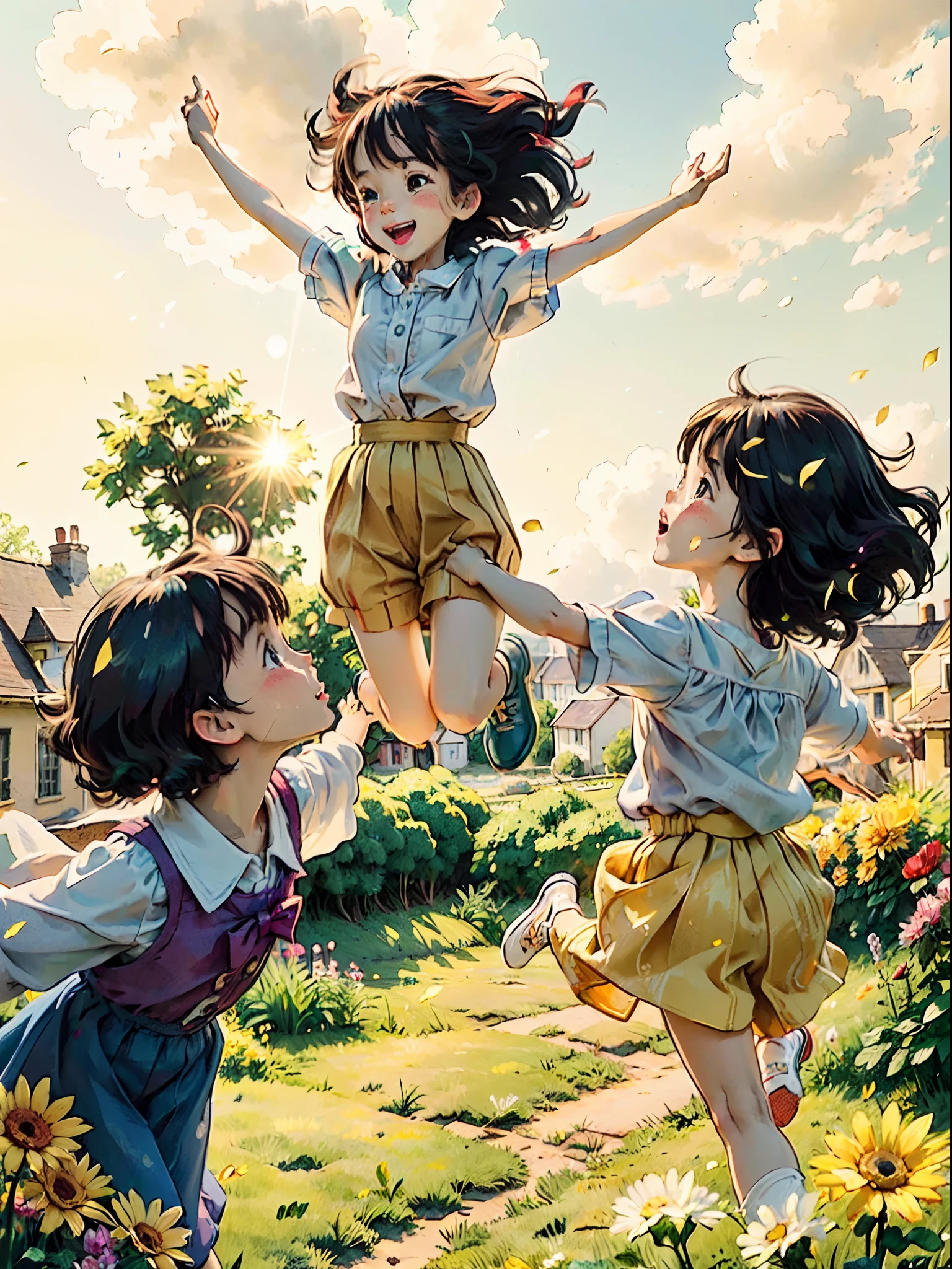 (best quality,4k,8k,highres,masterpiece:1.2),ultra-detailed,(realistic,photorealistic,photo-realistic:1.37),colorful, bright lighting, enchanting atmosphere,a group of children,excited expressions, amazement,surprised,joyful,pointing fingers,open-mouthed,big sparkling eyes,magic,unbelievable,gleaming rainbow,floating in the sky,twinkling colors, vibrant hues,puffy white clouds,golden sunshine,green grassy field,playful laughter,running and jumping,giggles and screams,curiosity spark,innocence and wonder,row of colorful houses,happy and carefree,youthful energy.