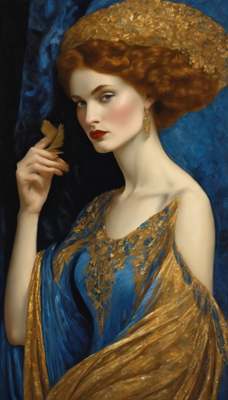 The mixed styles of Daniel Gabriel Rossetti and Erte. Palette knife impasto and watercolor with liquid golden ink, rich textures on clothing and background. Vibrant cinematic raking light, stunning, subsurface scattering, chromatic aberration