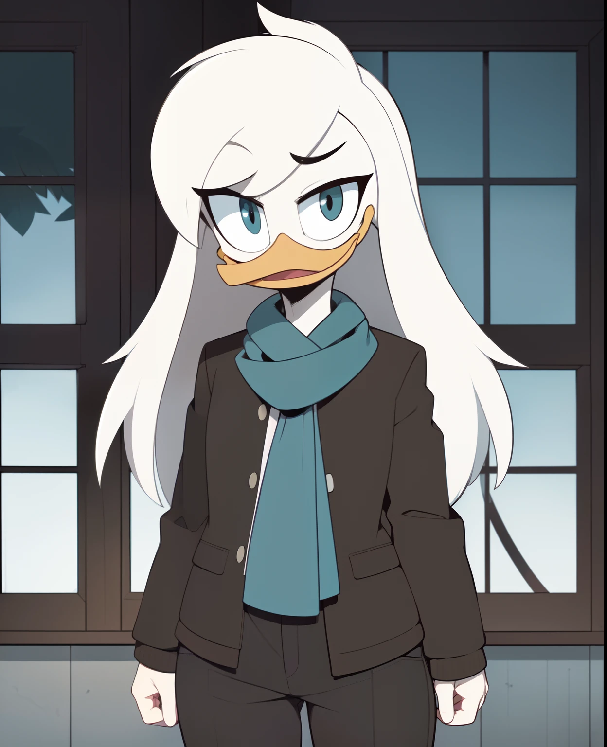 (by ducktales)  (by kyurisawa:1.2) (by chelodoy:1) (by ashraely:1) (anthro duck) (white hands:1.1) (headshot portrait:1.1) (della duck:1.2) (beak) (white hair) (black eyes) (happy) (clothed, clothing:1.3) (teal scarf) (brown_flight_jacket) (collar) (white skin:1.2) (solo:1.1) (mansion, window) ( morning:1.3)