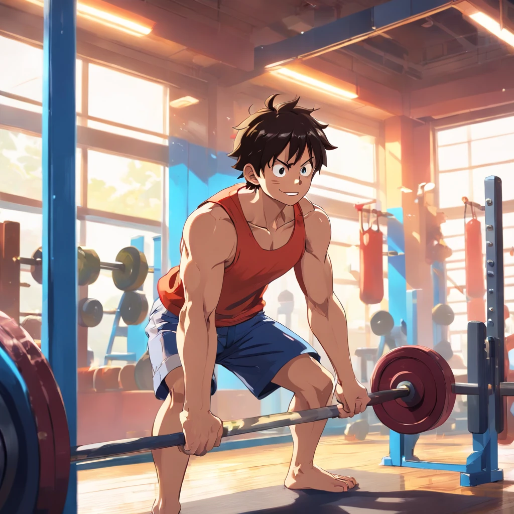 1male,  adult, dark skin, straight black hair, finely detailed bright black eyes, muscular, muscle shirt, loose jogging pants, adventurous clothing, best light and shadows, boxing gym, standing in boxing stance